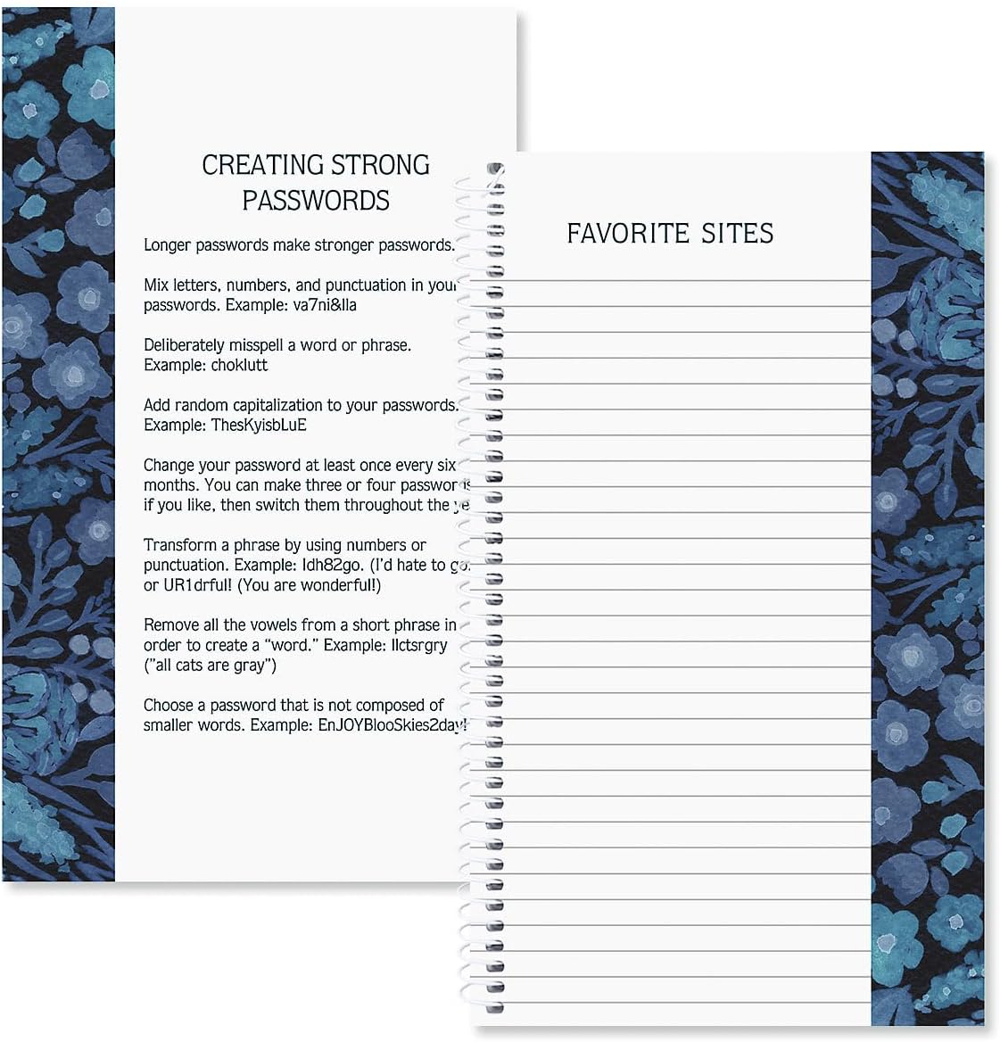 Navy Blossoms Password and PIN Keeper - 94 Pages; 5 Inch x 8-1/2 inch, Softcover Spiral-Bound Website Login Organizer