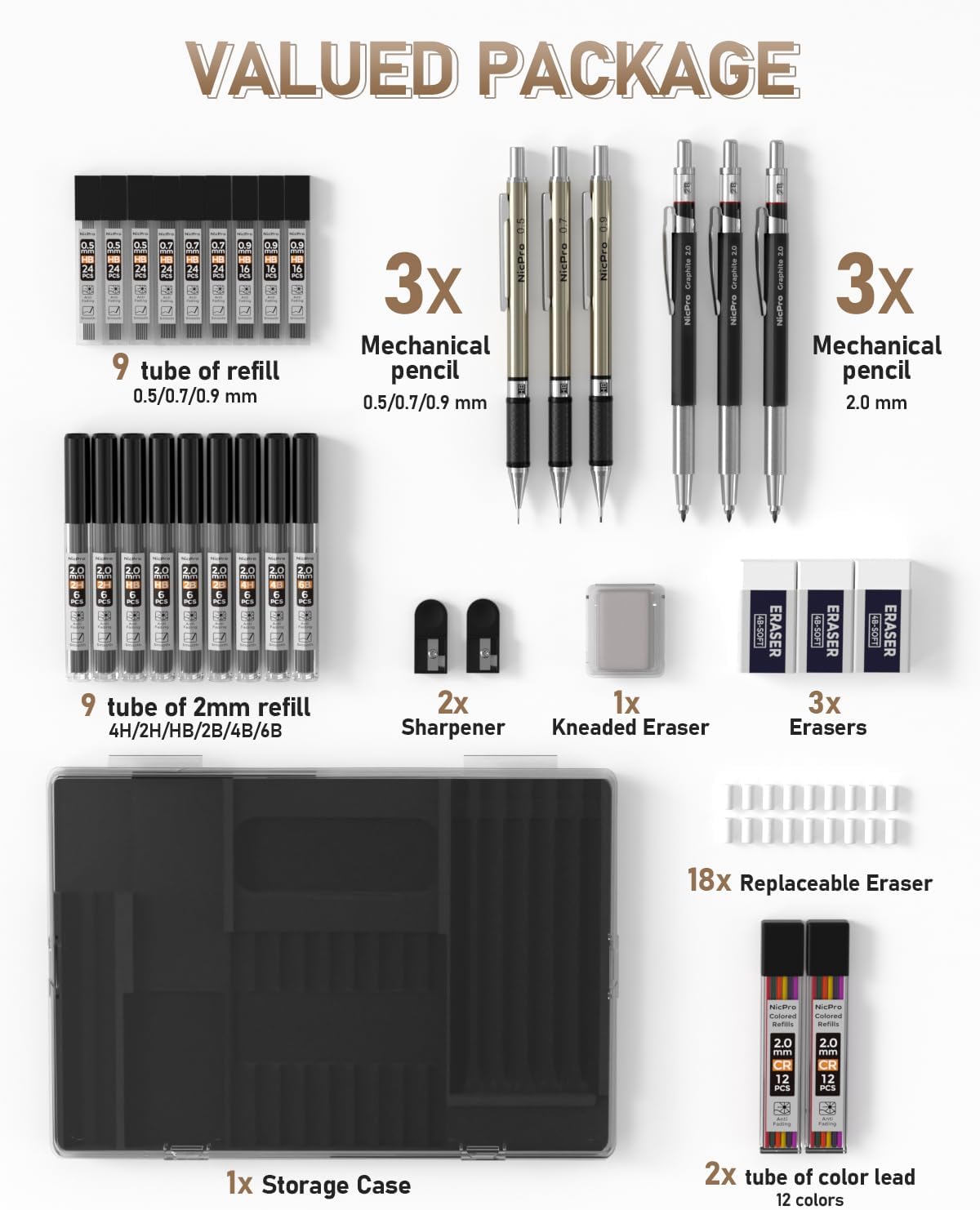 Nicpro 35PCS Art Mechanical Pencil Set, 3 PCS Metal Drafting Pencil 0.5 mm & 0.7 mm & 0.9 mm & 3 PCS 2mm Lead Holder (6B 4B 2B HB 2H 4H Colors) For Sketching Drawing With 20 Tube Lead Refills Case