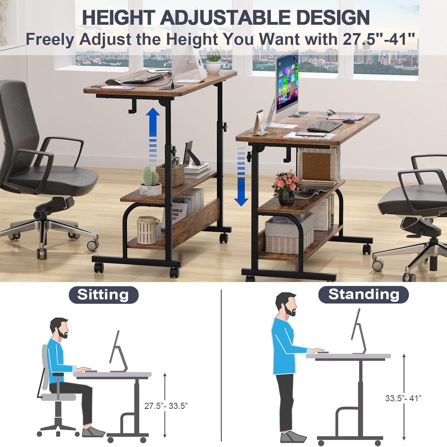 Height Adjustable Standing Desk with Power Outlets, 32" Manual Stand Up Desk with Storage Shelves Small Mobile Rolling Computer Desk Portable Laptop Table with Wheels for Home Office, Rustic