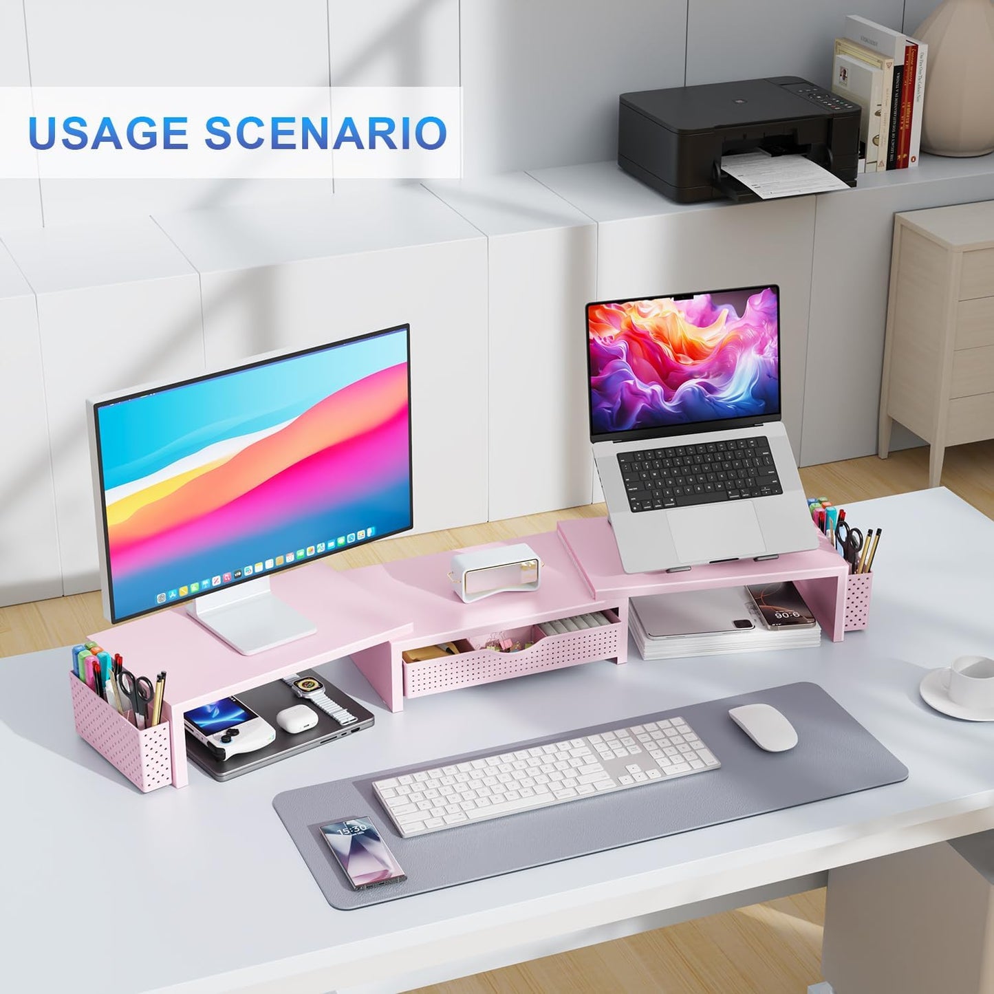 gianotter Dual Monitor Stand Riser, Desk Organizer With Drawer and 2 Pen Holders,Desk Organizers and Accessories, Pink Office Supplies (Pink)