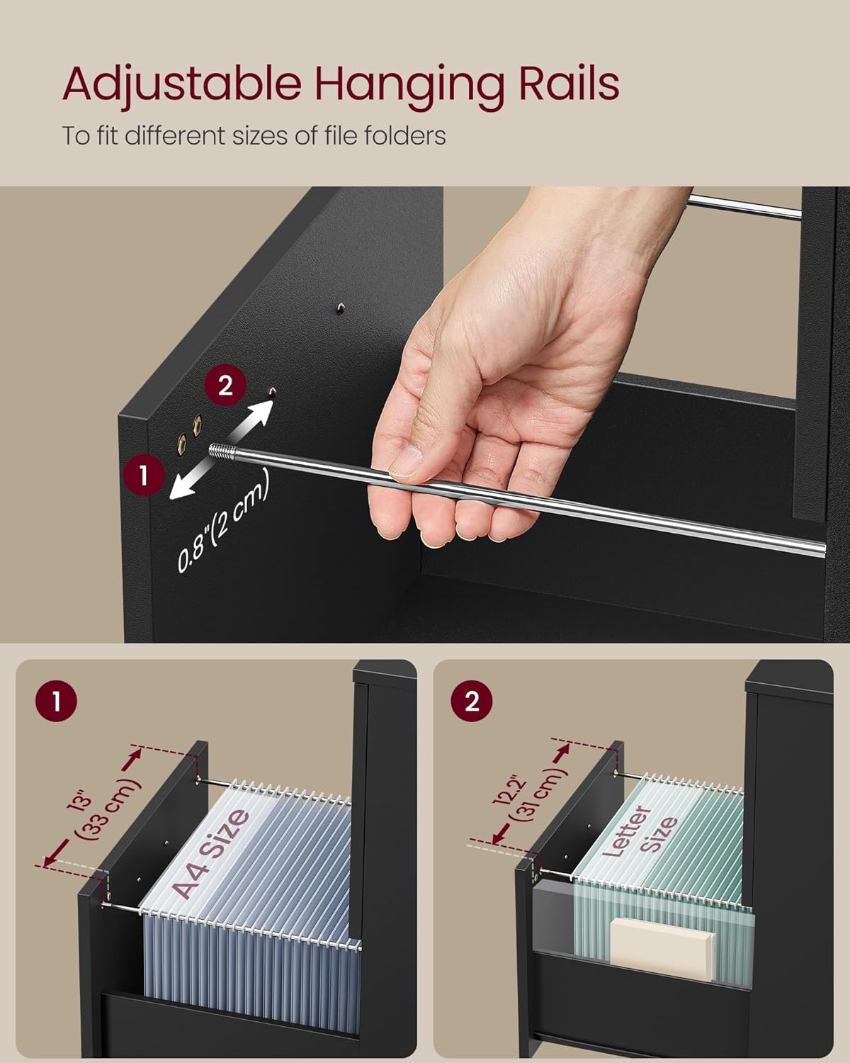 VASAGLE 2-Drawer File Cabinet, Small Rolling Filing Cabinet for Home Office, Printer Stand, for A4, Letter-Size Documents, 15.7 x 16.5 x 27.6 Inches, Matte Black UOFC040B16