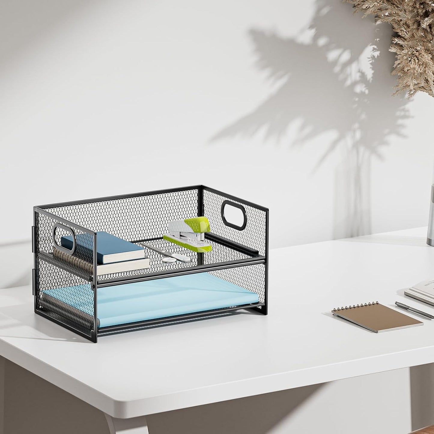 Marbrasse 2 Tier Paper Organizer Letter Tray, Mesh File Organizer with Handle, Paper Sorter Desk Organizer for Home Office Supplies - Black