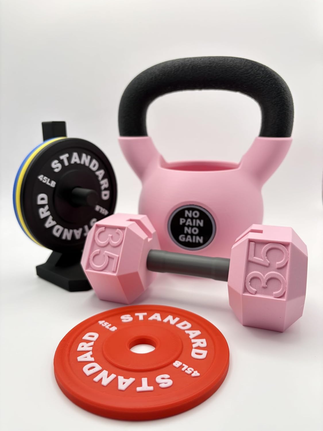 Gym Desk Accessory Set – Dumbbell Business Card Holder, Barbell Coastr & Pen Stand | Fitness-Themed Office Decor | PLA Eco Material (Pink)