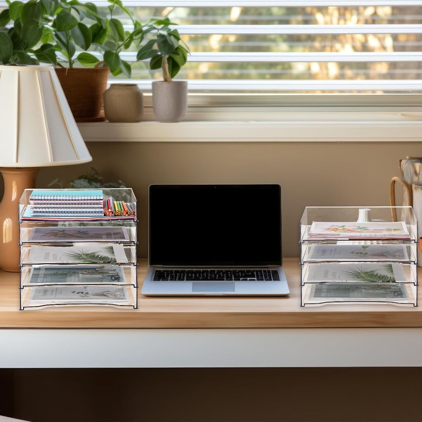 12 Pcs Stackable Letter Tray Rectangular Plastic Desk Organizer 13 x 9.5 x 2.6 in Paper Holder File Tray Accessories Rack for Desktop Office Desk Drawers (Clear)