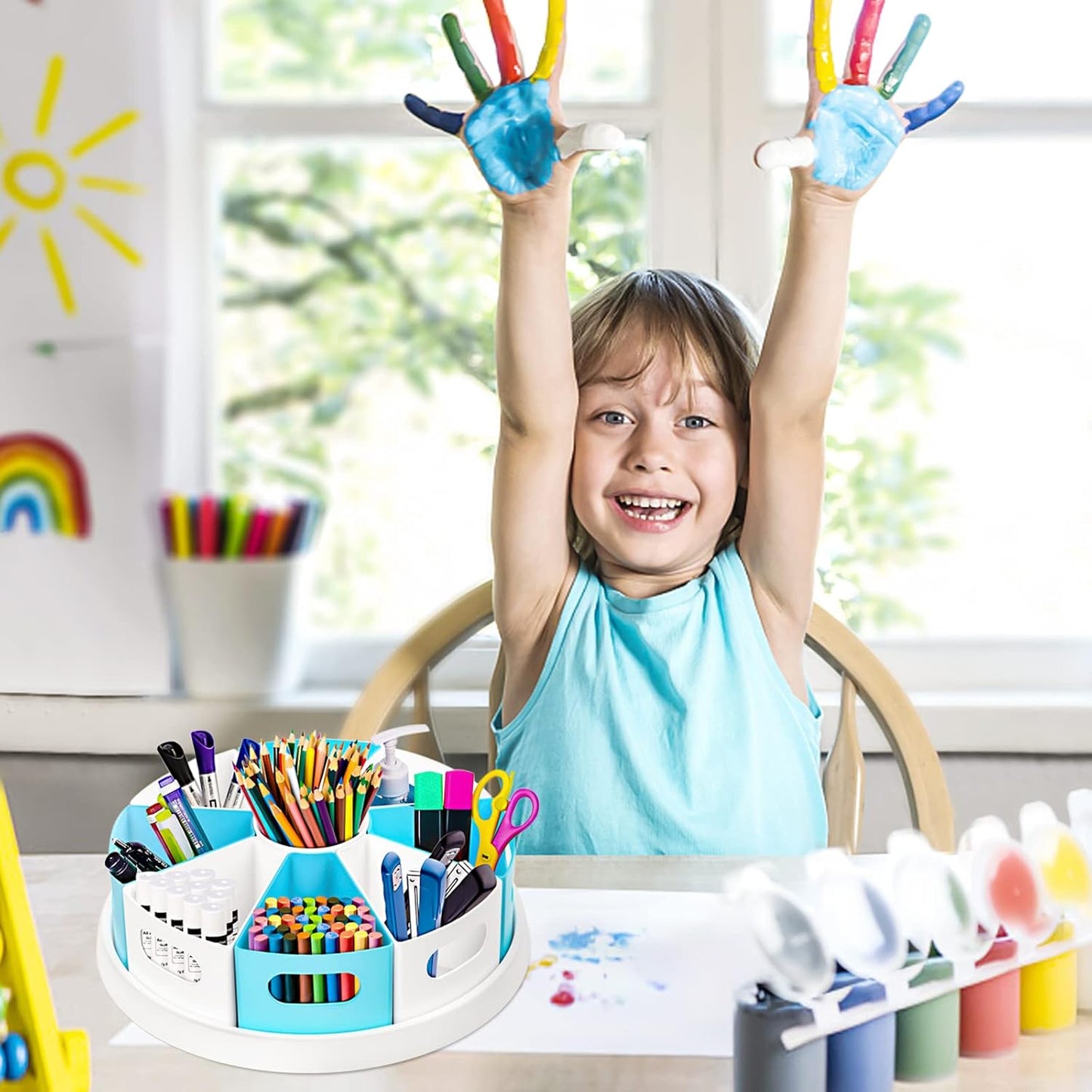 MeCids 360°Rotating Desk Organizers Homeschool Office Organization and Storage Art Supplies Organizers– 12" Lazy Susan Style Caddy with Removable Bins, for Home Offices, School Supplies Classroom Use