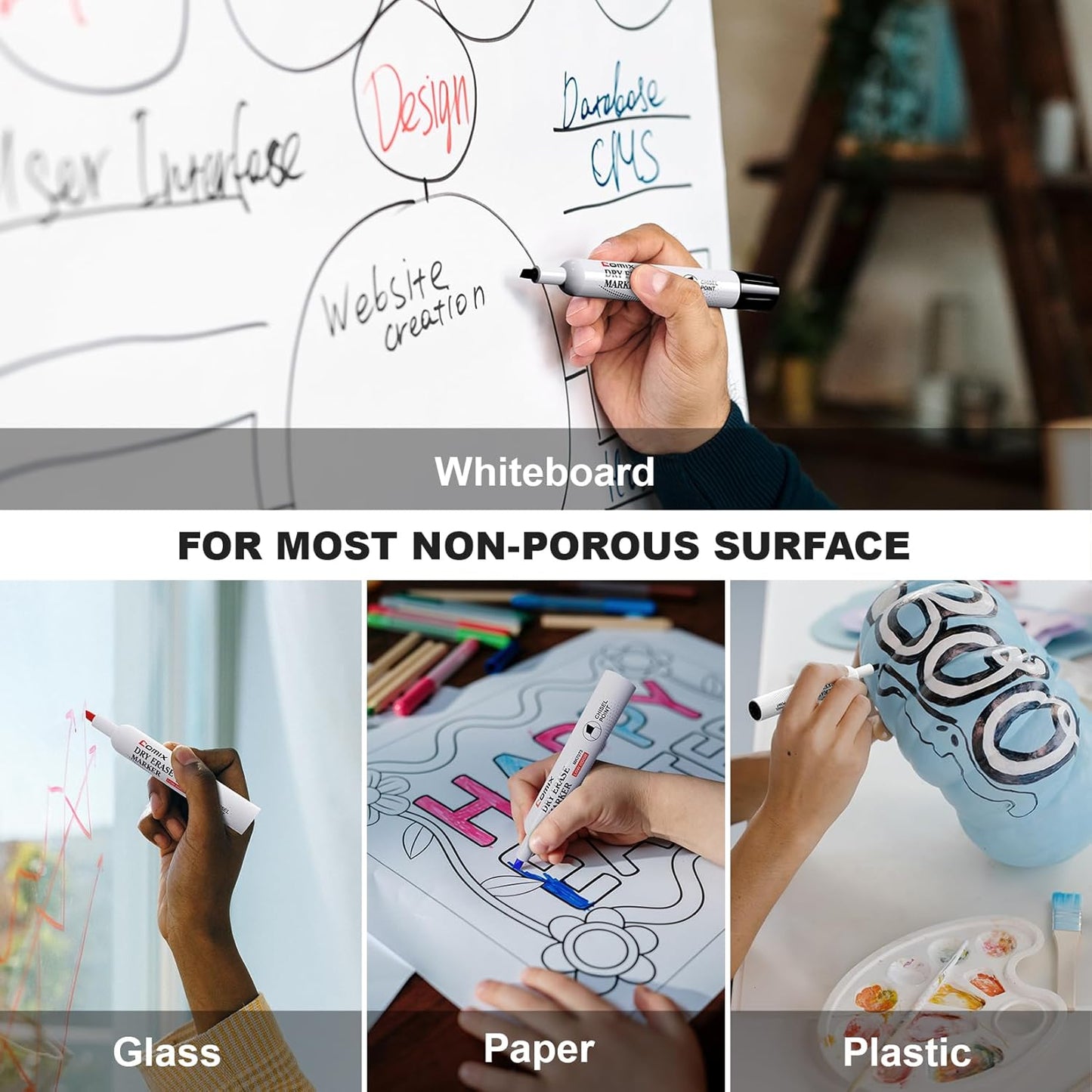 Comix Dry Erase Markers, 4 Assorted Colors, 4 Sets of 36 Markers, 144 Markers Total, Chisel Tip Whiteboard Makrers for Teachers Office & School Supplies