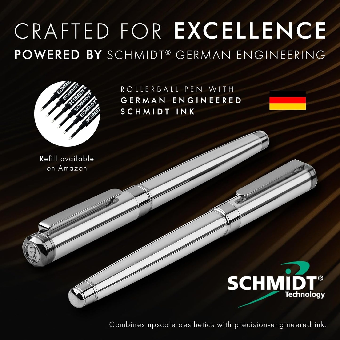 ELIZO Luxury Pen Fancy Chrome Silver Nice Gift Rollerball Cool Pens Best Schmidt Ink EDC Pen Executive Smooth Writing Pens for Men Women