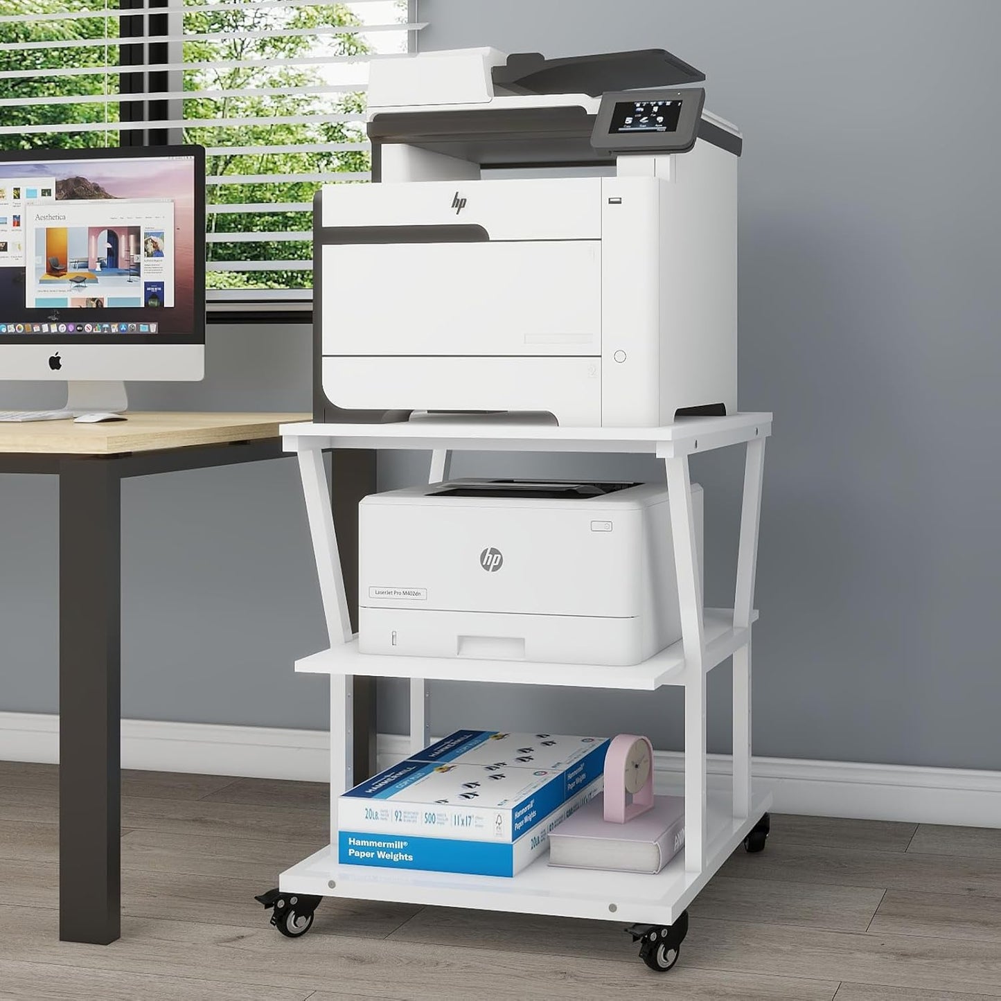 Natwind 3-Tier Large Printer Stand,23.6"x23.6"x29.5" Heavy-Duty Printer Table Cart with Paper Storage Shelf & Wheels,Ideal for Home Office Laser Printers, Copiers (White)