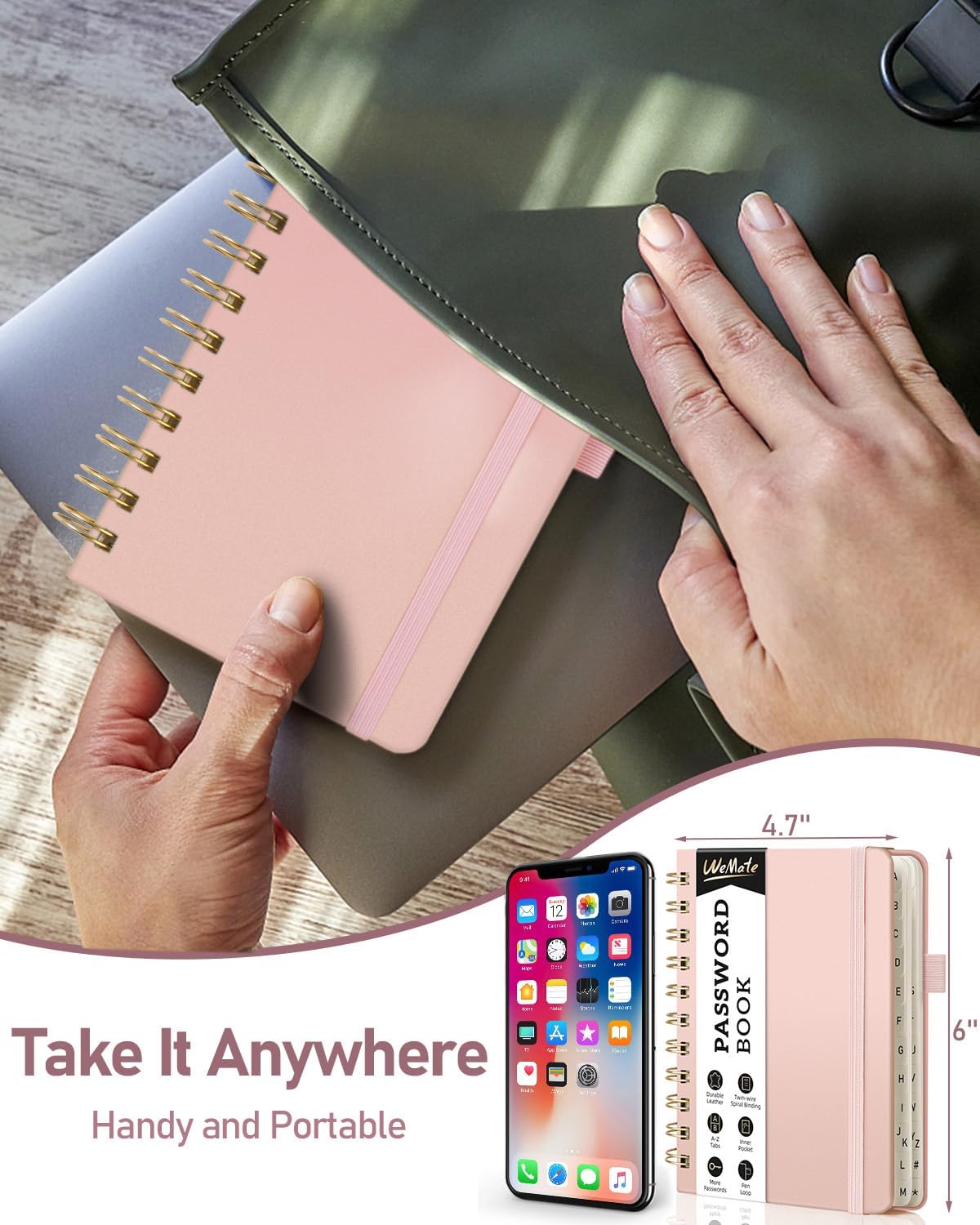 WEMATE Password Book with Alphabetical Tabs, Spiral Password Keeper Book for Seniors, Internet Password Notebook Password Journal Logbook Log in Detail, Small – 4.7''x 6'' (Rose Gold)