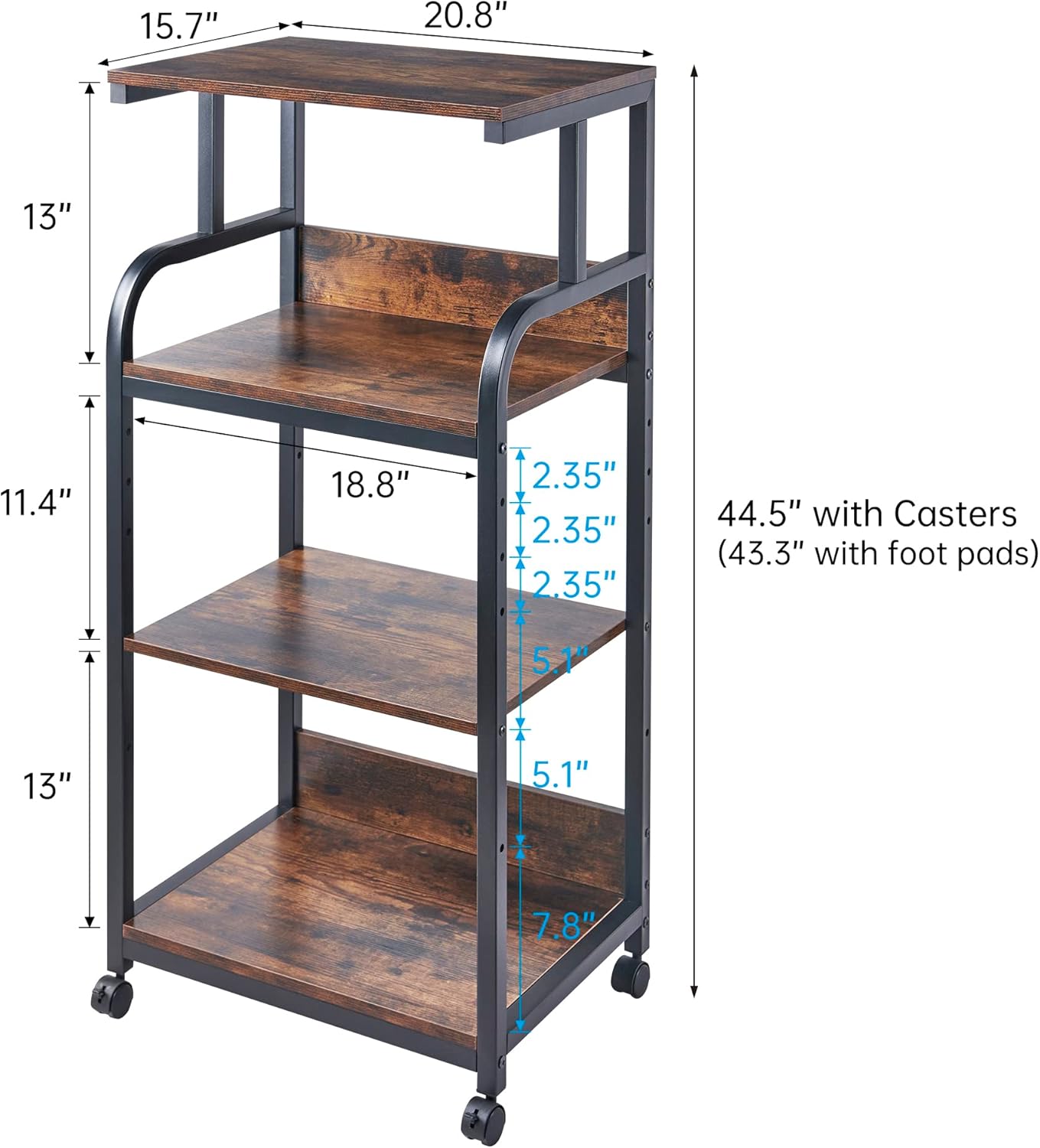 4-Tier Printer Stand with Adjustable Storage Shelf, Large Tall Printer Table with Wheels for Home Office Small Spaces Organization, Rustic Brown