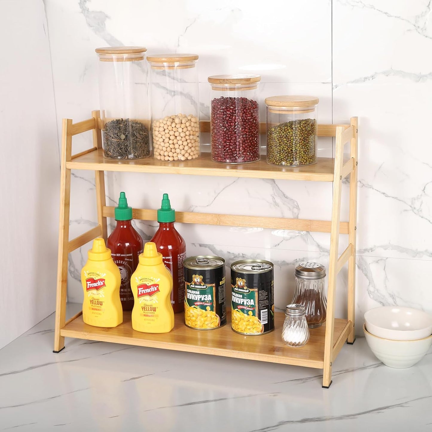 Countertop Organizer Bamboo Spice Rack 2-Tier Desktop Bookshelf Wooden Storage Stand for Kitchen, Office and Dorm, Desk Organizer for Books and Decor (Medium)
