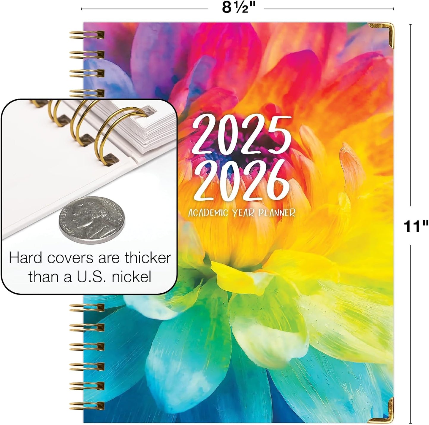 HARDCOVER Academic Year 2025-2026 Planner: (June 2025 Through July 2026) 8.5"x11" Daily Weekly Monthly Planner Yearly Agenda. Bookmark, Pocket Folder and Sticky Note Set (Rainbow Petals)