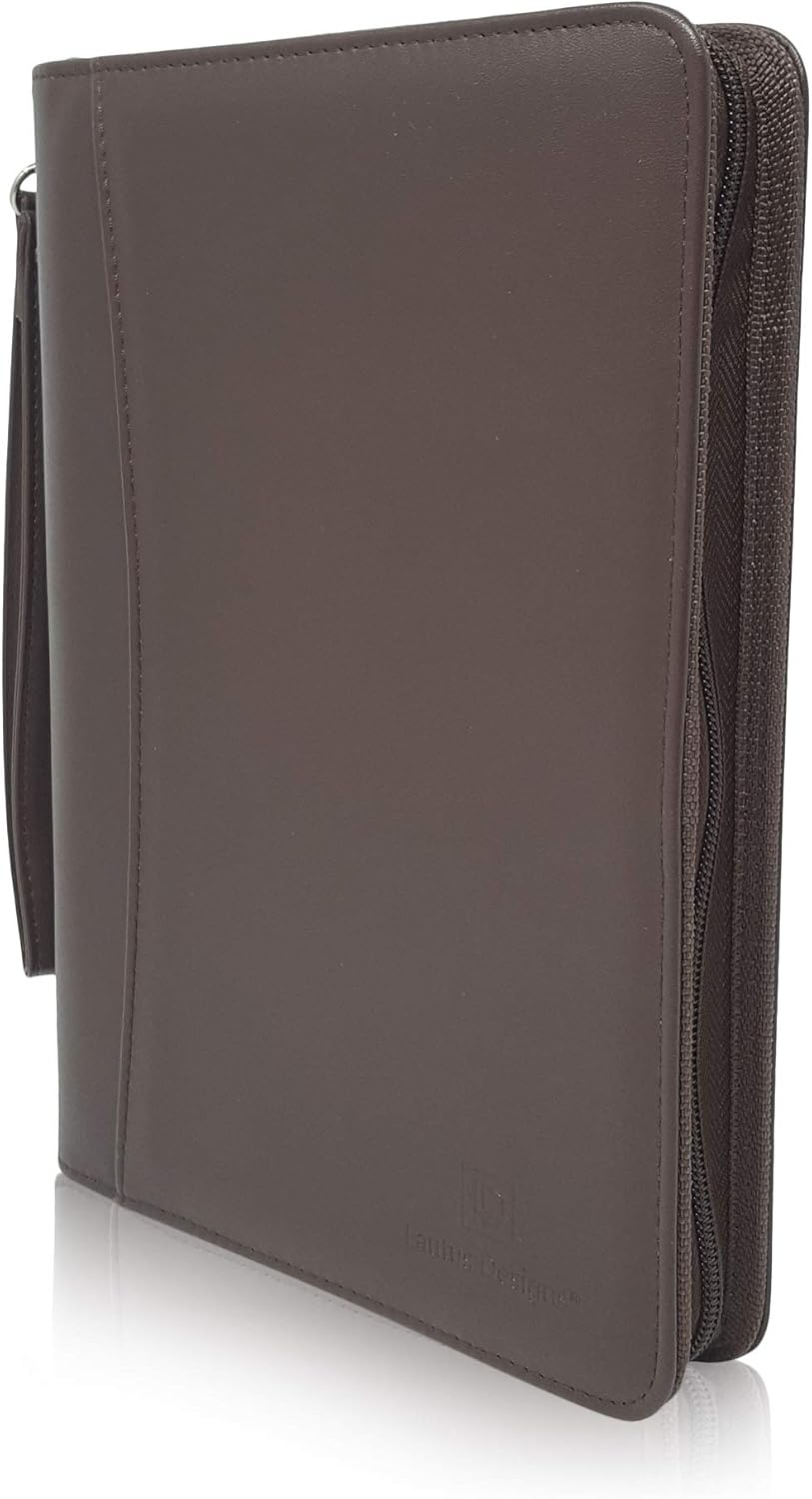 Zippered Portfolio Binder with Junior Legal 5x8 Notepad - Dark Brown PU Faux Leather Business Padfolio Organizer Folder with 8 Inch Tablet Sleeve & Gift Box by Lautus Designs