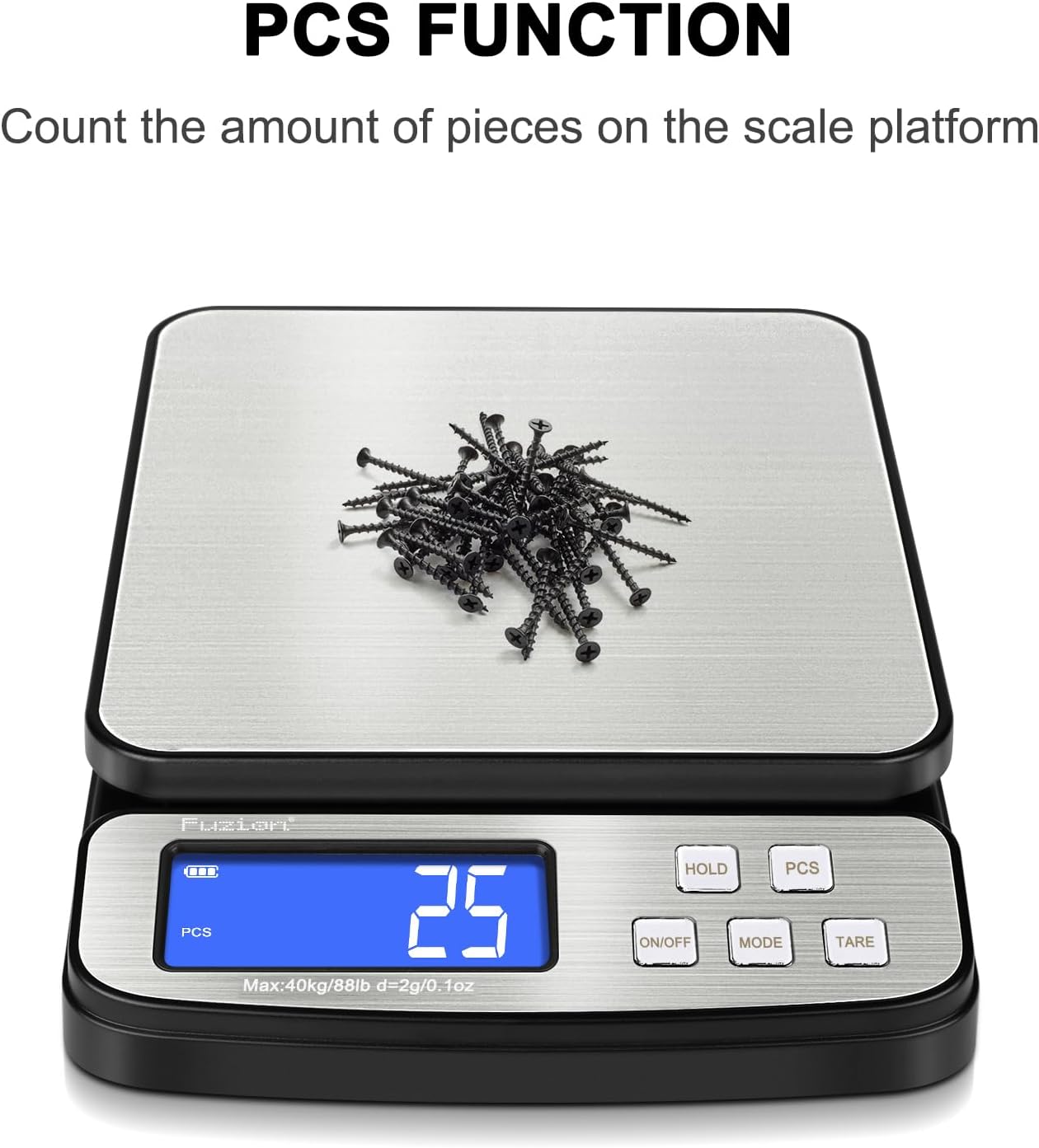 Fuzion Digital Shipping Postal Scale - 88lb x 0.1oz, Stainless Steel Platform, 5 Units, Hold/Tare/PCS Counting, Easy Calibration, Large LCD, Scale for Packages, All-in-1 Shipping Scale