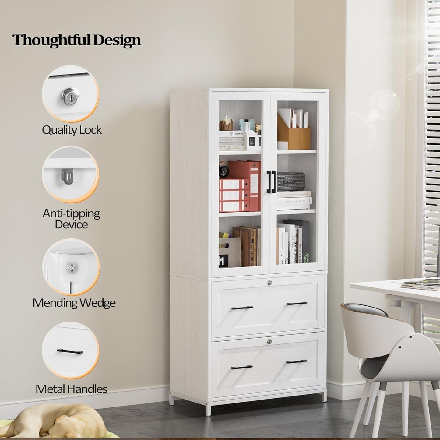 VINGLI Lateral File Cabinet with Glass Doors and 2 Locking Drawers for Hanging File Folders, Bookshelf with Adjustable Shelves for Home Office (White, 30''W x 16''D x 70''H)