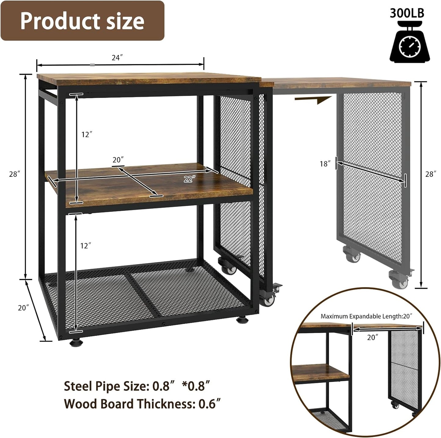 Natwind 24''x20''x29'' Large Printer Stand with Storage Shelves,Extendable Home Craft Table,Home Office Organization Desk, Versatile Table for Home Office, Kitchen, Study Room, Living Room (Retro)