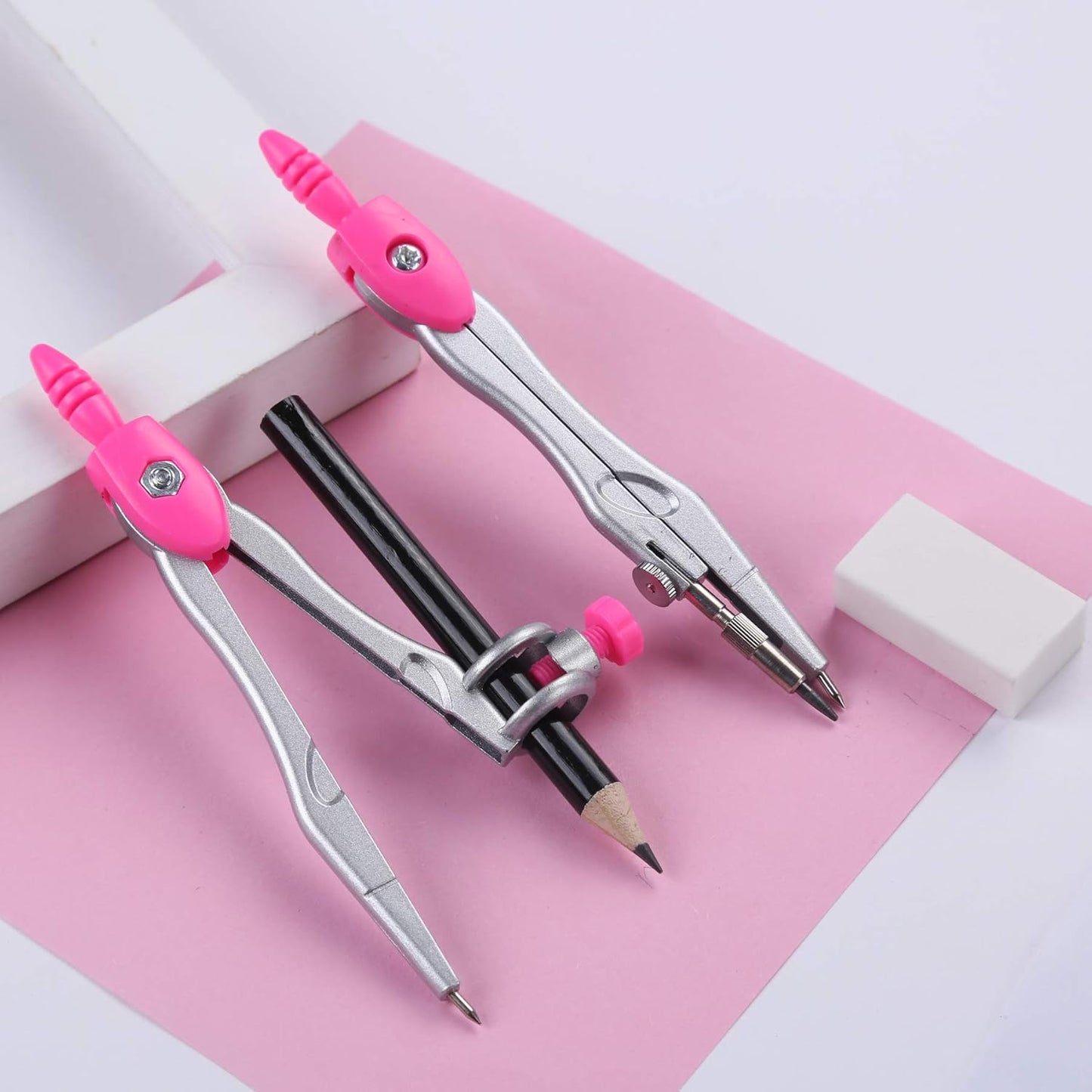 Math Geometry Kit Sets 10 Piece Student Supplies with Shatterproof Storage Box,Includes Rulers,Protractor,Compass,Eraser,Pencil Sharpener,Lead Refills,Pencil,for Drafting(Pink)