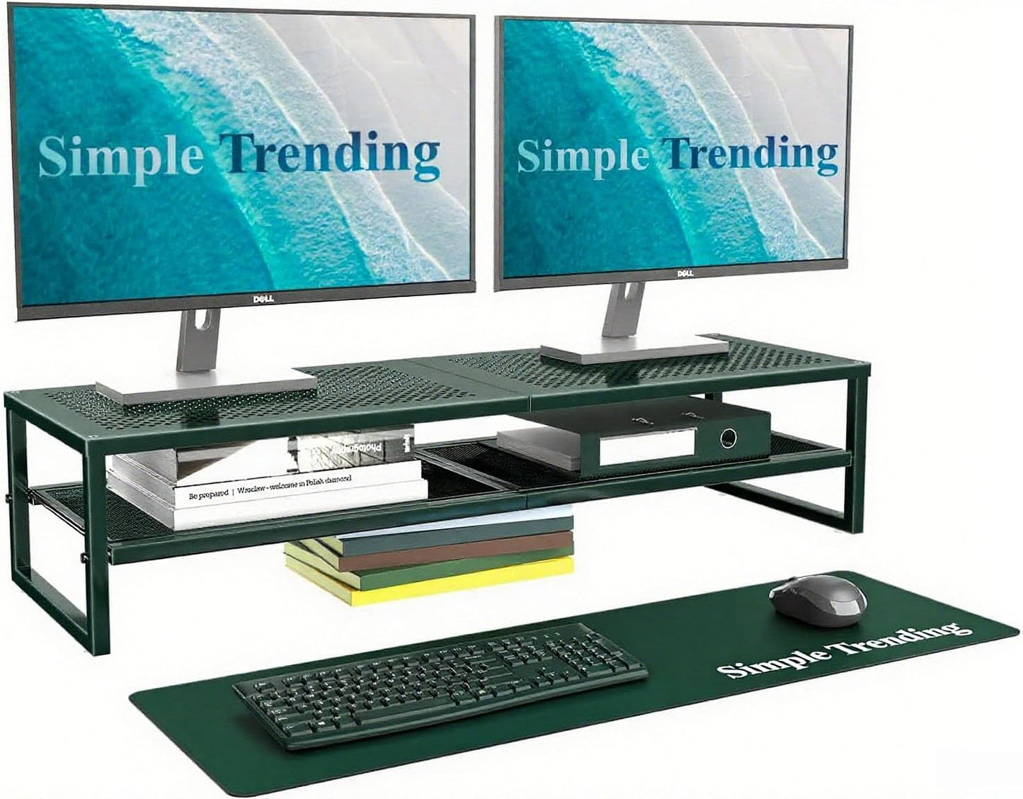 Simple Trending 2 Tier Metal Dual Monitor Stand Riser, Computer Office Desktop Organizer for 2 Monitors with 32"x10" Mouse Pad for Laptop, Printer, TV, Green