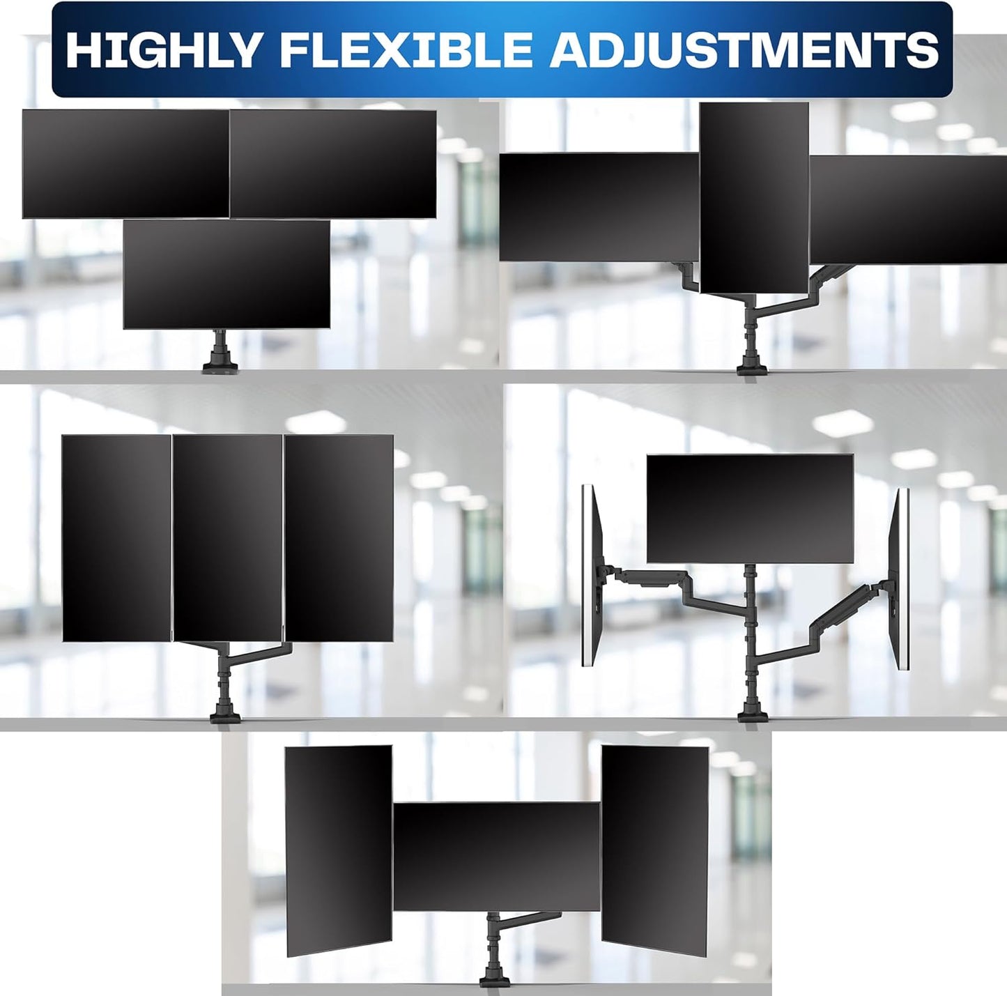 VIVO Pneumatic Arm Triple Ultrawide Monitor Extra Tall Desk Mount for Up to 49 inch Screens, Heavy Duty Clamp, Holds 3 Ultra Wides Up to 44 lbs, Black, STAND-V300D