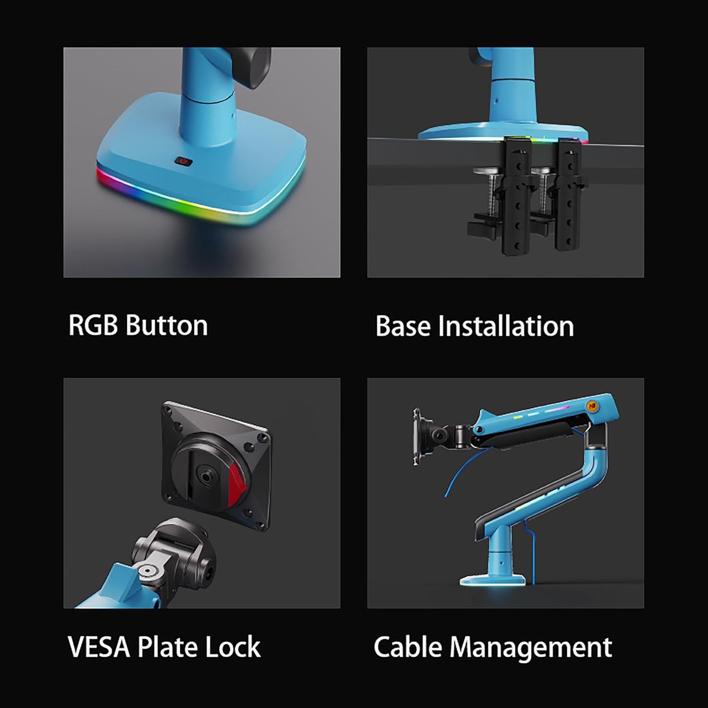 NB Gaming Monitor Arm or for 32 to 60 Inches Screen, Load up to 20 kg, VESA 75/100, RGB-Light, Heavy Duty, Multi Angle Adjustable, Premium Aluminum, Blue