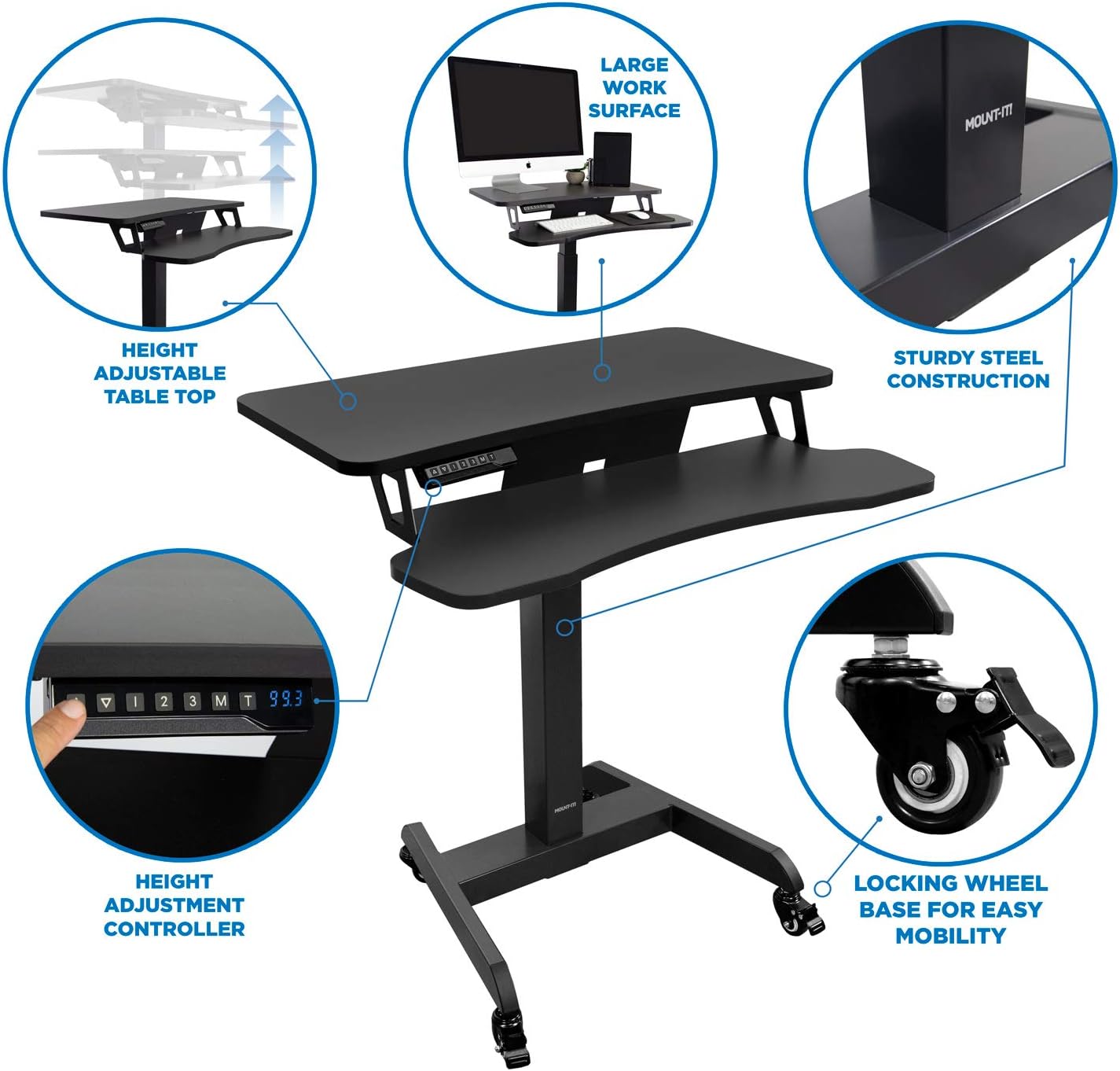 Mount-It! Electric Mobile Height Adjustable Standing Workstation with Wheels | Rolling Sit Stand Workstation with Programmable Height Adjustment Controller | 31.5 x 14.5 in Tabletop