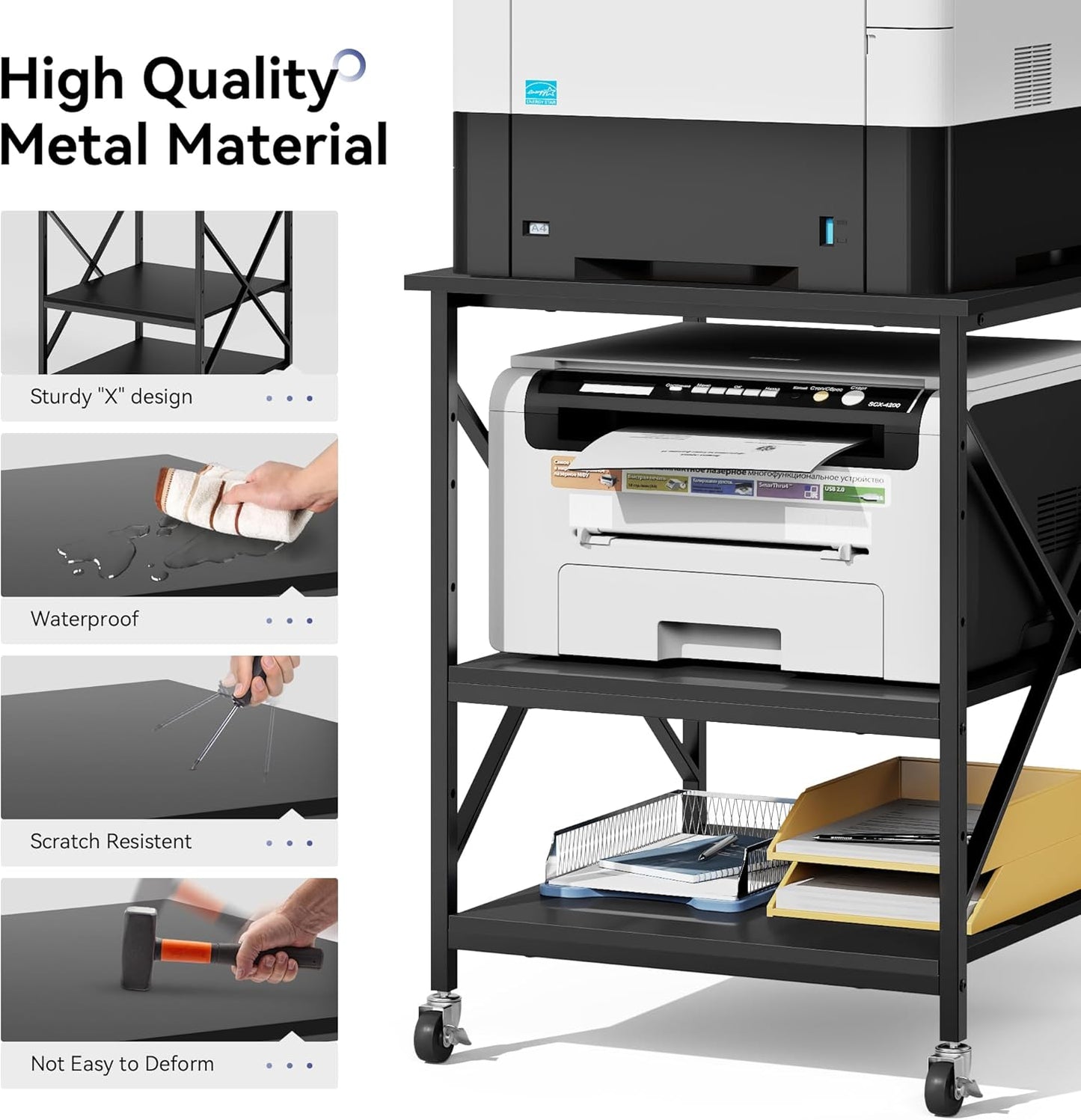 Warmiehomy 24"x24"x30" Large Printer Stand with Storage, 3 Tier Rolling Printer Cart Table, Mini Fridge Stand with Wheels, Use for 3D Laser Printer Home Office, Black