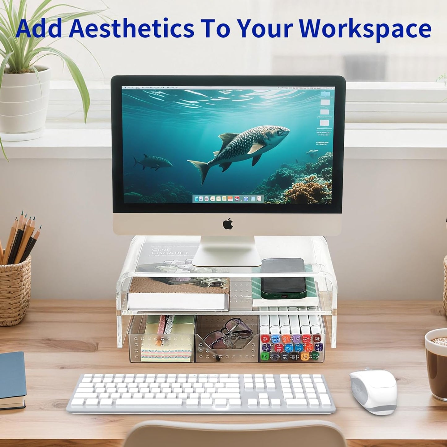 Acrylic Clear Desk Organizers and Accessories, 2-Tier Computer Monitor Stand Riser with Drawer, Laptop Stand, Office Desk Accessories for Office Supplies, Transparent