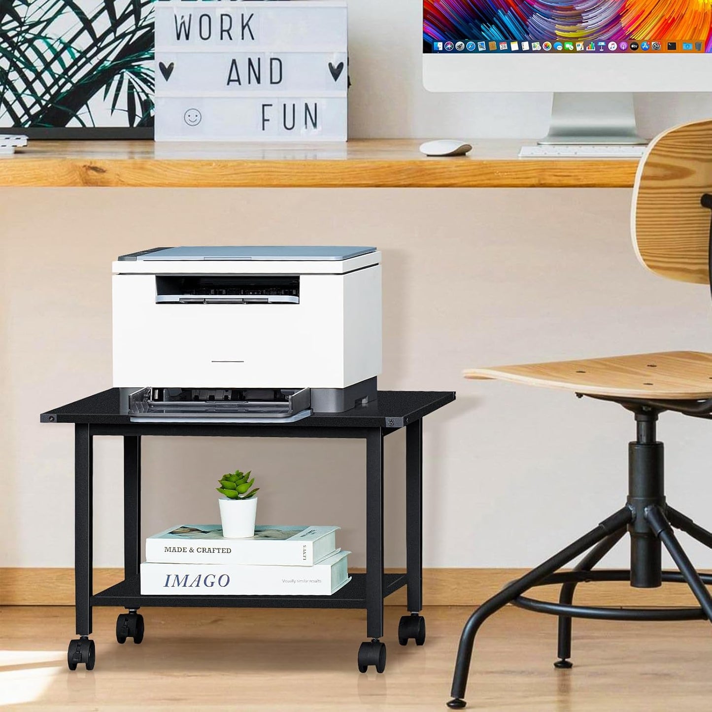 Lerliuo Under Desk Printer Stand, 2-Tier Industrial Mobile Printer Table with Storage Shelf and Steel Frame, Rolling Printer Cart Holder with Lockable Wheels for Home, Office (Black)