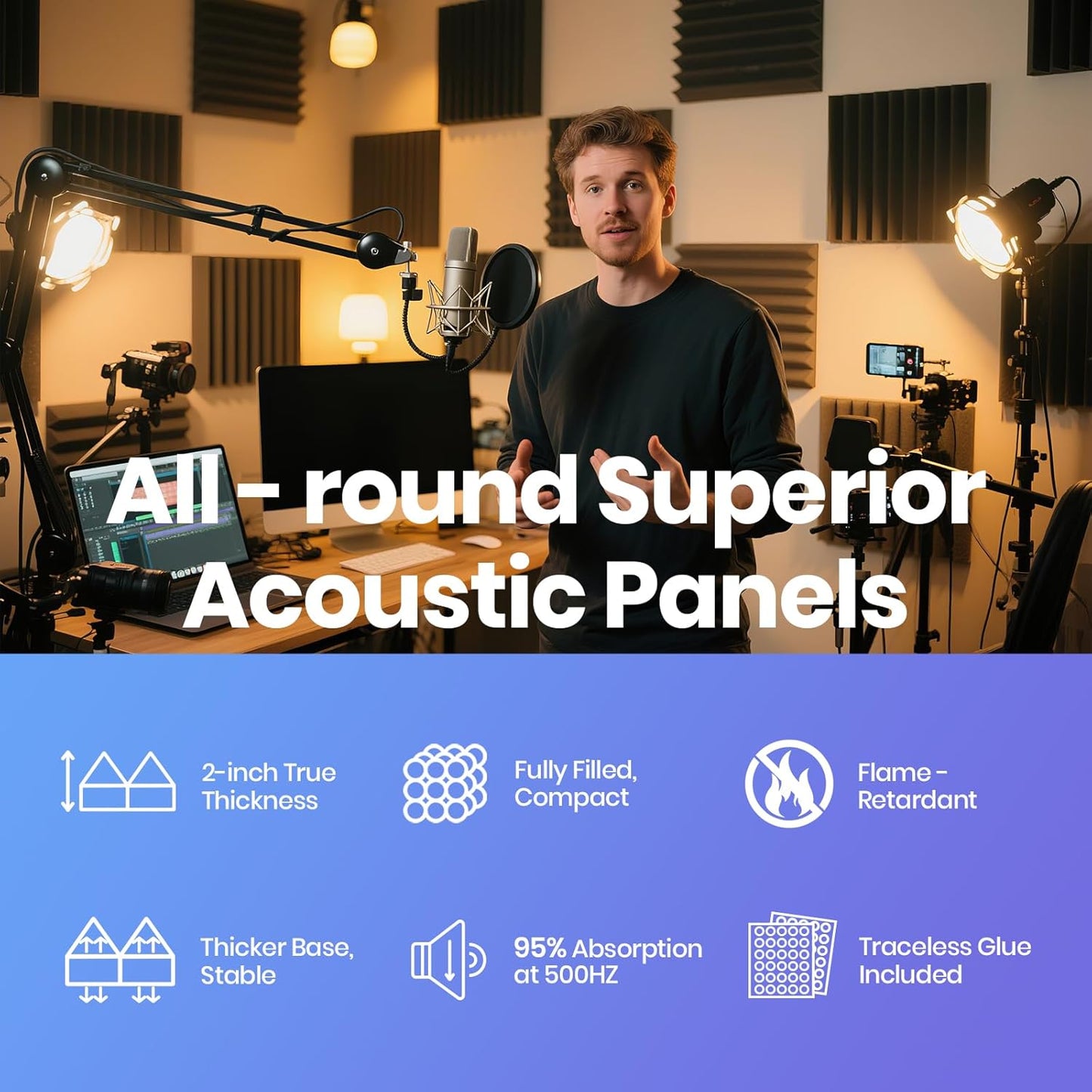 Acoustic Panels 50 Pack 2"x12"x12" with 300 PCS Double-Side Adhesive - Sound Proof Pyramid Foam for Walls, Home Studio Noise Absorption & Echo Control Kit