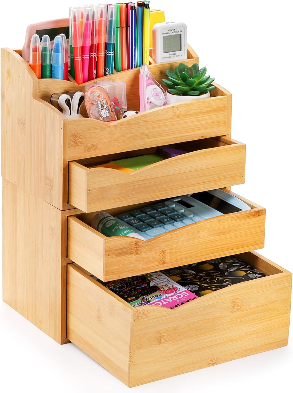 Yopay 2 Pack Bamboo Desk Organizer, Stackable Desktop Organizers with 3 Drawers, Bamboo Office Tabletop, Countertop Organization for Stationery, Makeup Vanity, Fully Assembled