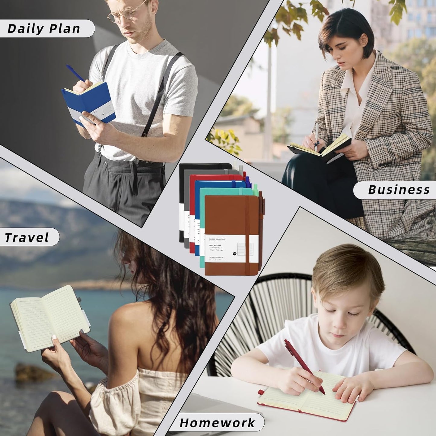 Coopay 6 Pack A6 Pocket Small Notebook with 6 Pens Bulk Classic Hardcover Leather Journal Set with Pen Holder for Men Women Writing, Office, Home, School, Business, 100GSM, 3.5” x 5.5”, Multicolor