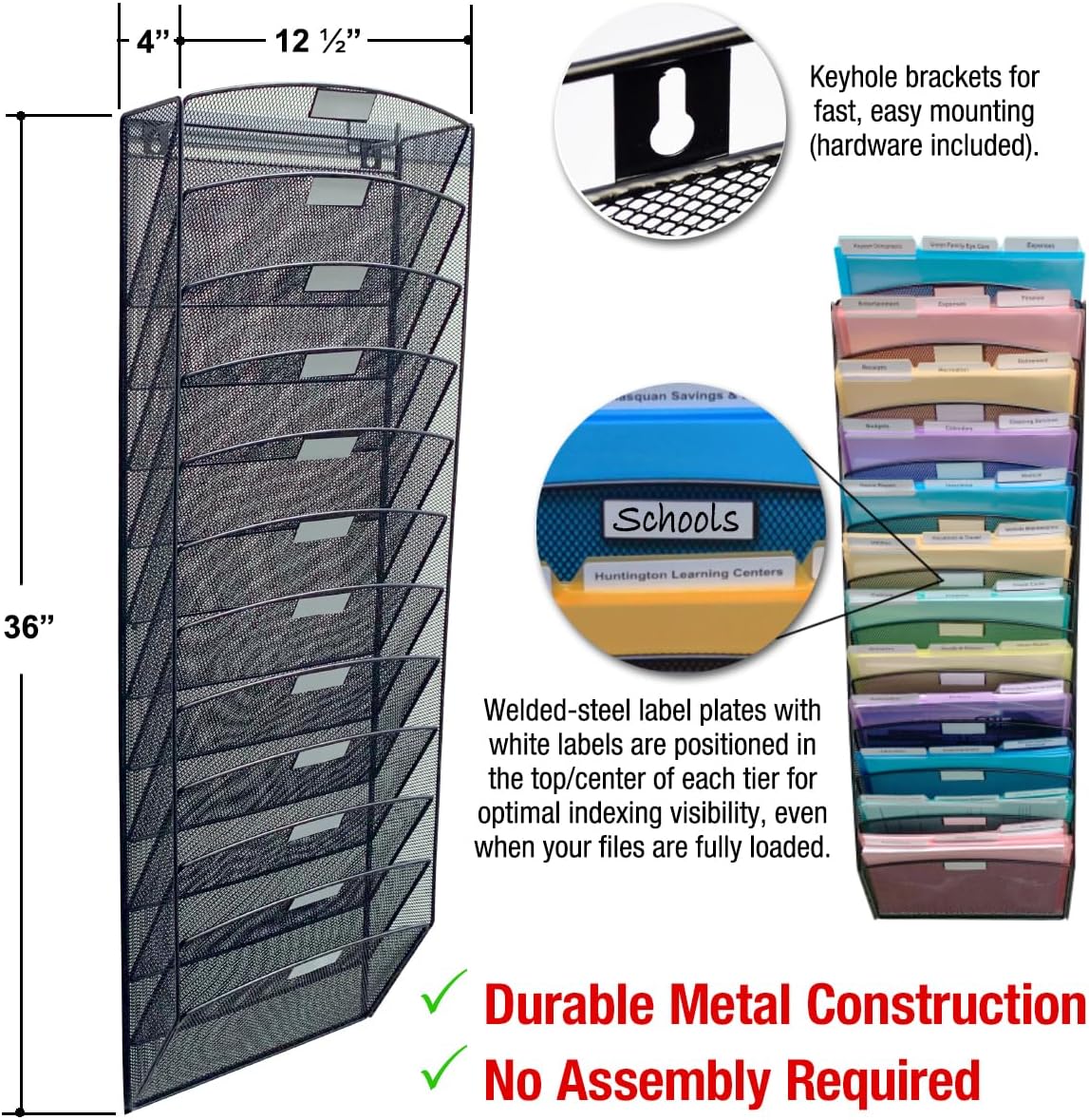 Ultimate Office Mesh Wall File Organizer, 12 Tier Vertical Mount Hanging File Sorter. Multipurpose Display Rack Includes 18, 3rd Cut PocketFile Clear Document Folder Project Pockets (Black)
