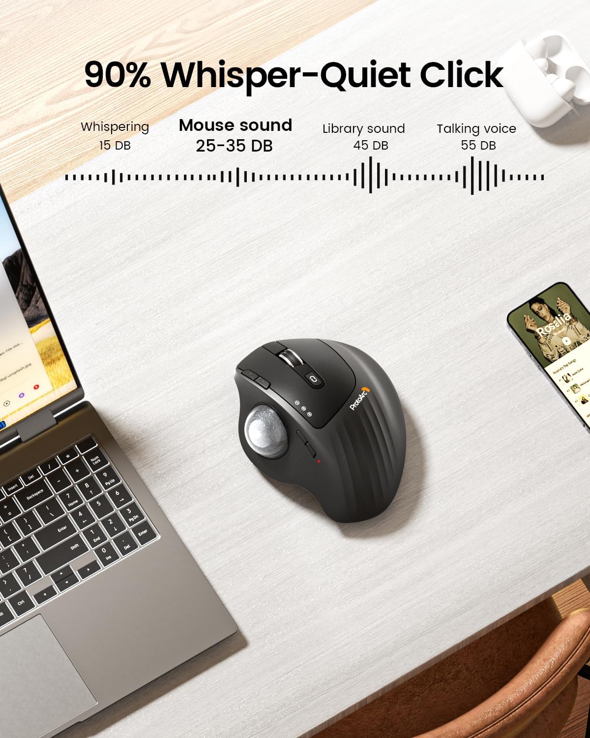 ProtoArc Wireless Trackball Mouse, EM01 NL Ergonomic Bluetooth Rollerball Thumb Rechargeable Computer Laptop Mouse, Adjustable Angle & 3 Device Connection for PC, Mac, Windows-Silver Ball