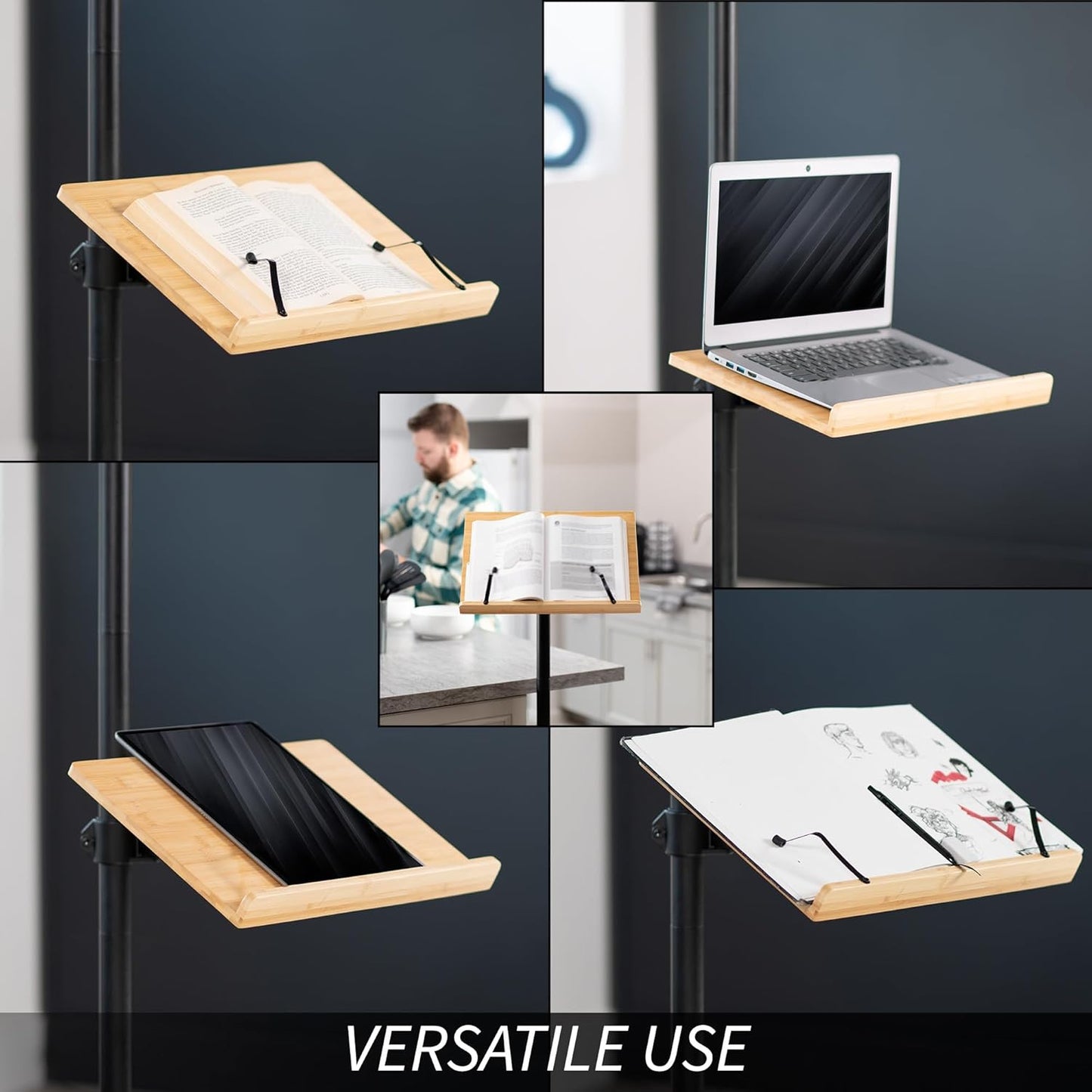 VIVO Mobile 16 inch Mobile Podium Reading Stand, Portable Rolling Book Holder, Real Bamboo Surfaces and Black Pole, CART-BK01B