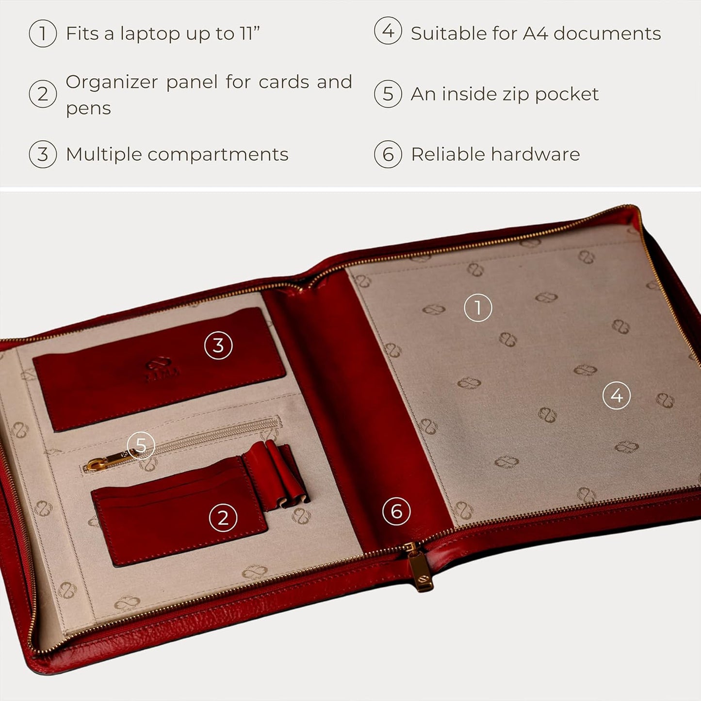 Time Resistance Leather Portfolio - A4 Document Folder - Italian Handcrafted Padfolio Organizer (Red) - Gift Box Included