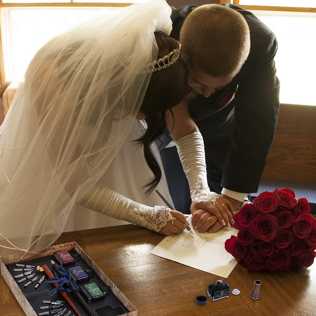 Calligraphy Pen Set,Calligraphy Set For Beginners Includes Oblique Pen Wooden Calligraphy Pen 12 Pen Nibs & 4 Different Color Inks Dip Pen Set Fountain Pen Set Retro Gift