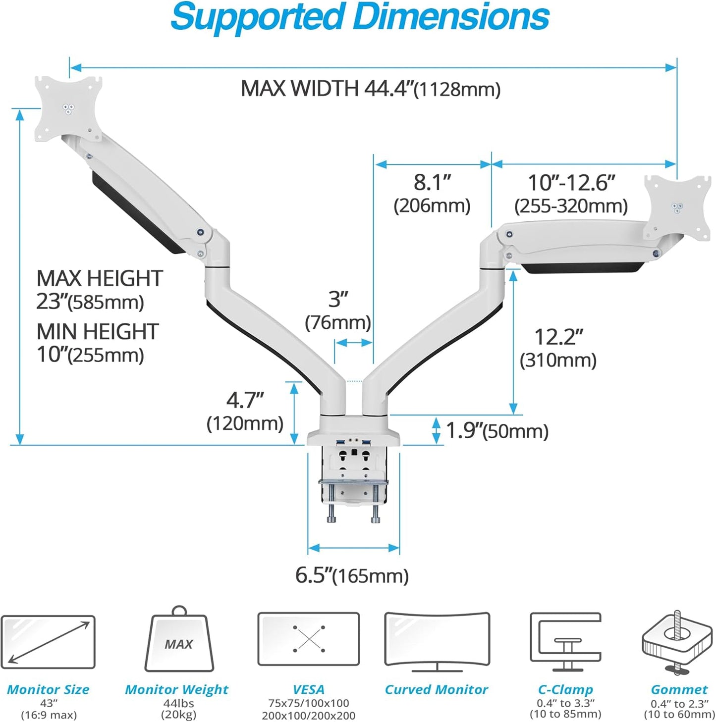 AVLT Dual 13"-43" Monitor Arm - Desk Mount for Two Flat/Curved Monitors - Full Motion Height Swivel Tilt Rotation Adjustable - White/VESA/C-Clamp/Grommet/Cable Management
