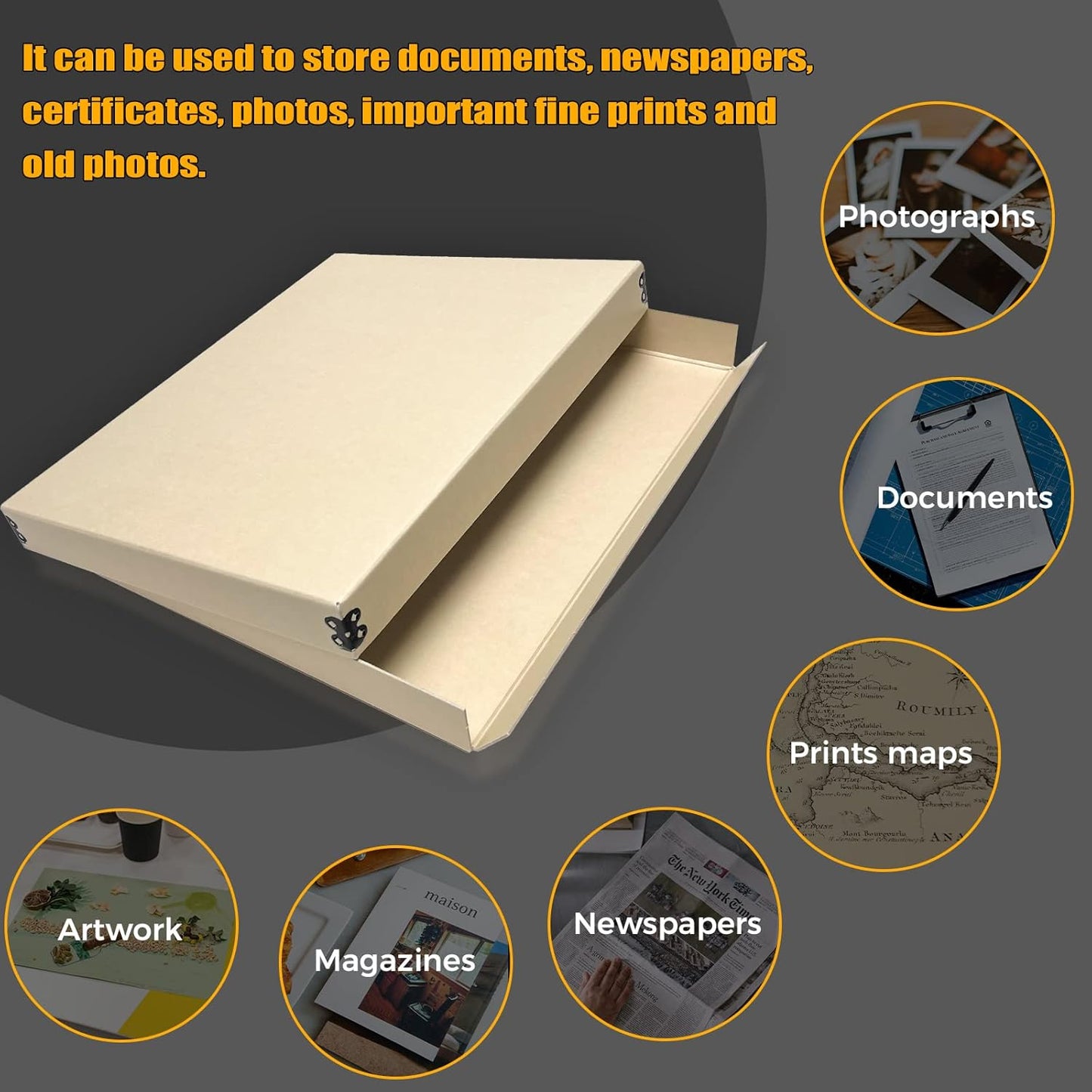 Golden State Art, Archival Storage Box, Acid-Free Drop Front Museum Box with Metal Edge for Storing Artwork Photos Documents Prints Arts And Crafts (Tan-11.75x14.75x1.5 Inches)