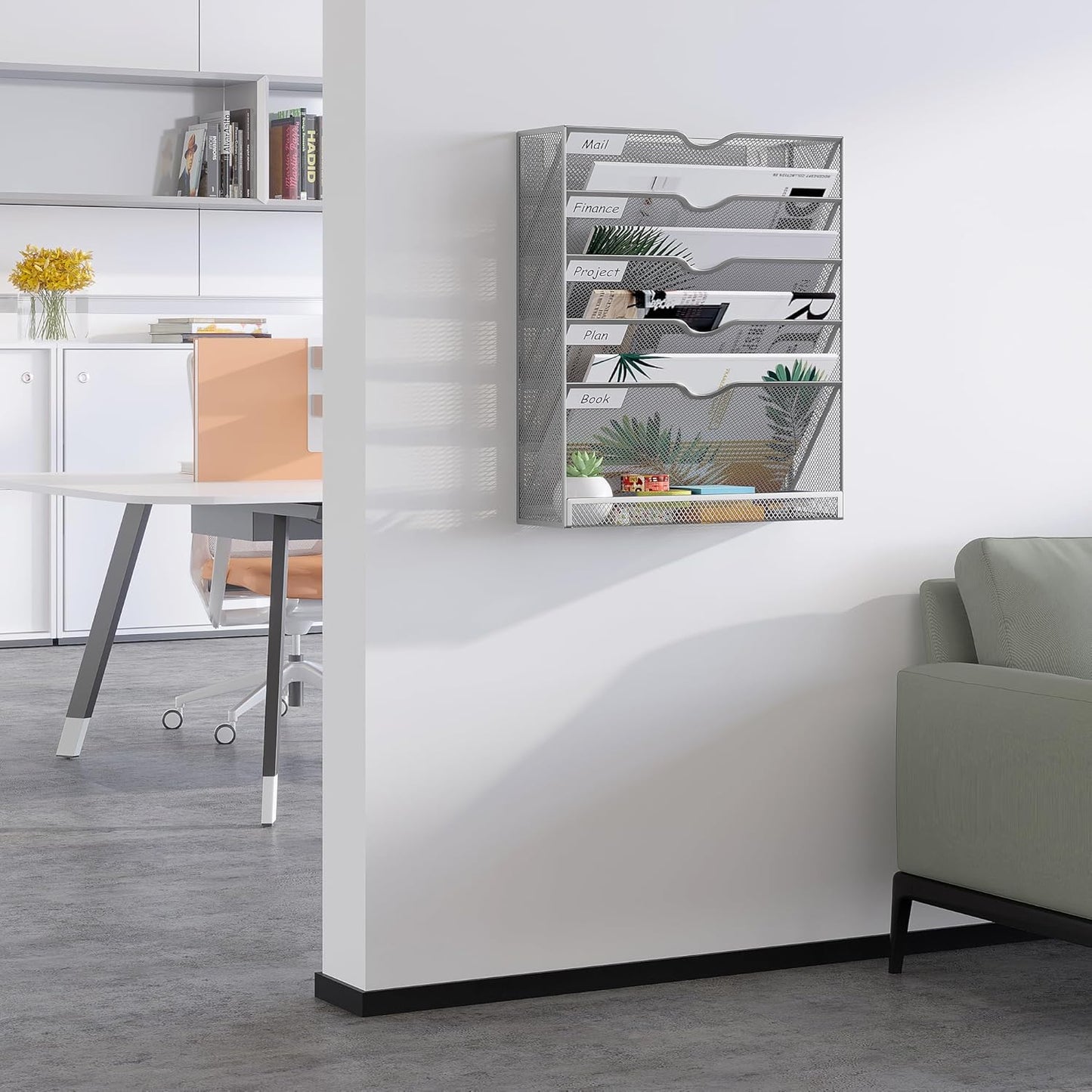 EasyPAG 5-Tier Wall File Holder, Mesh Hanging Folder Organizer with Classify Label, Versatile Desk File Organizer for Office Home, Vertical Wall Mounted Mail Sorter, Sides Closed, Silver