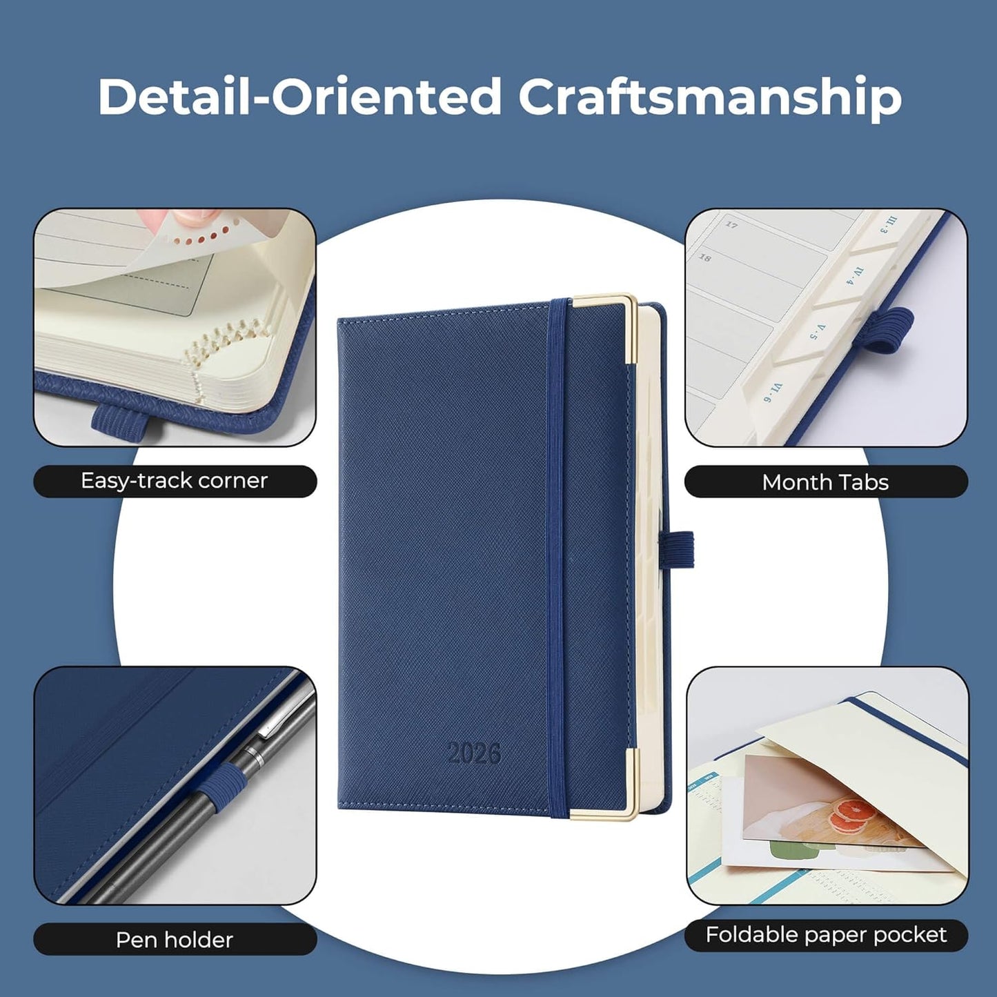 Daily Planner 2026 with One Page Per Day,(A5-8.5" x 5.9"),12 Months Calendar Hourly Appointment Book Monthly Tabs & Self-adhesive Pen Holder,Inner Pocket, Vegan Leather Hardback,Blue