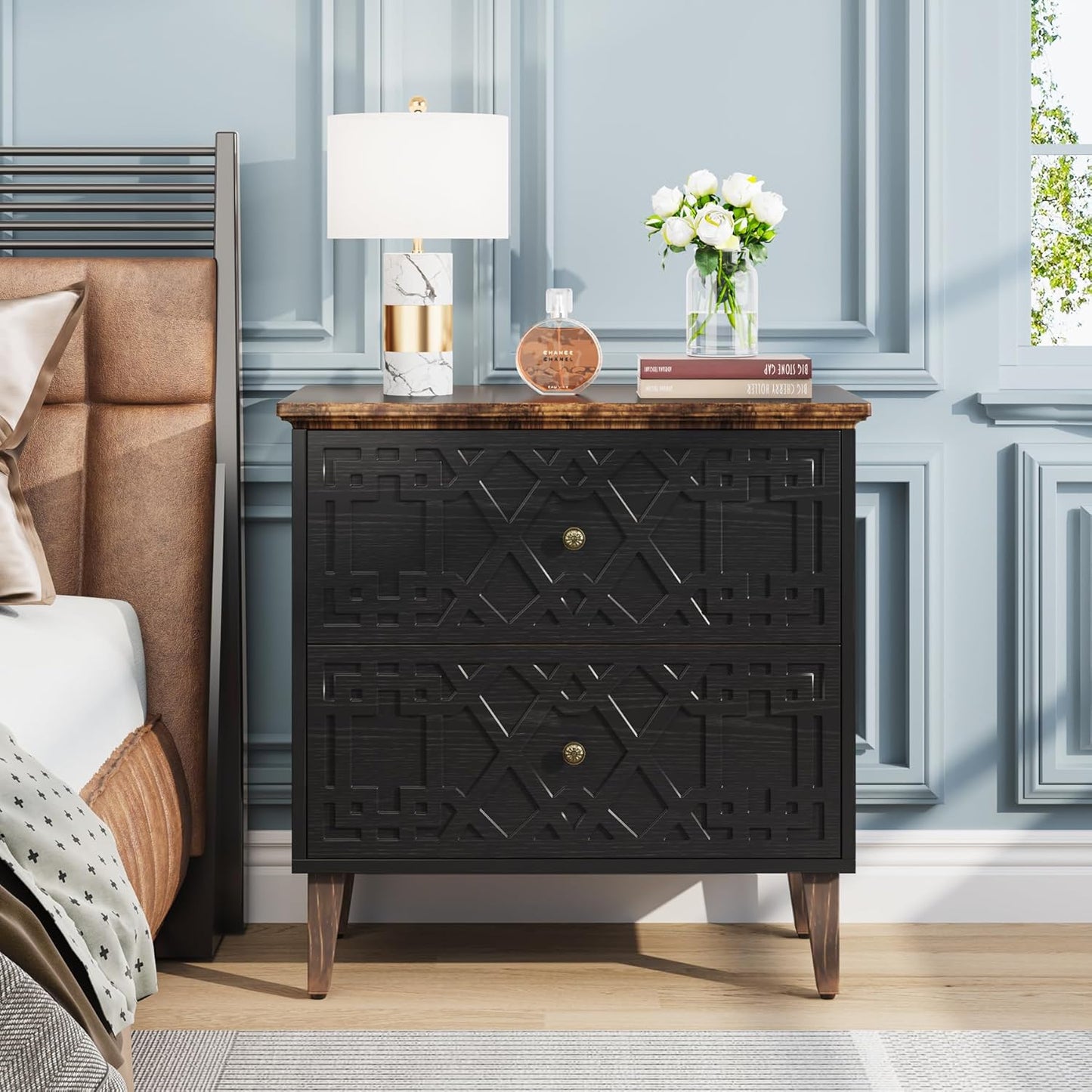 LITTLE TREE 2-Drawer File Cabinet, Lateral Filing Cabinet for A4/Letter/Legal Size, Office Storage Cabinet, Printer Stand with Storage Drawer for Home Office, Black