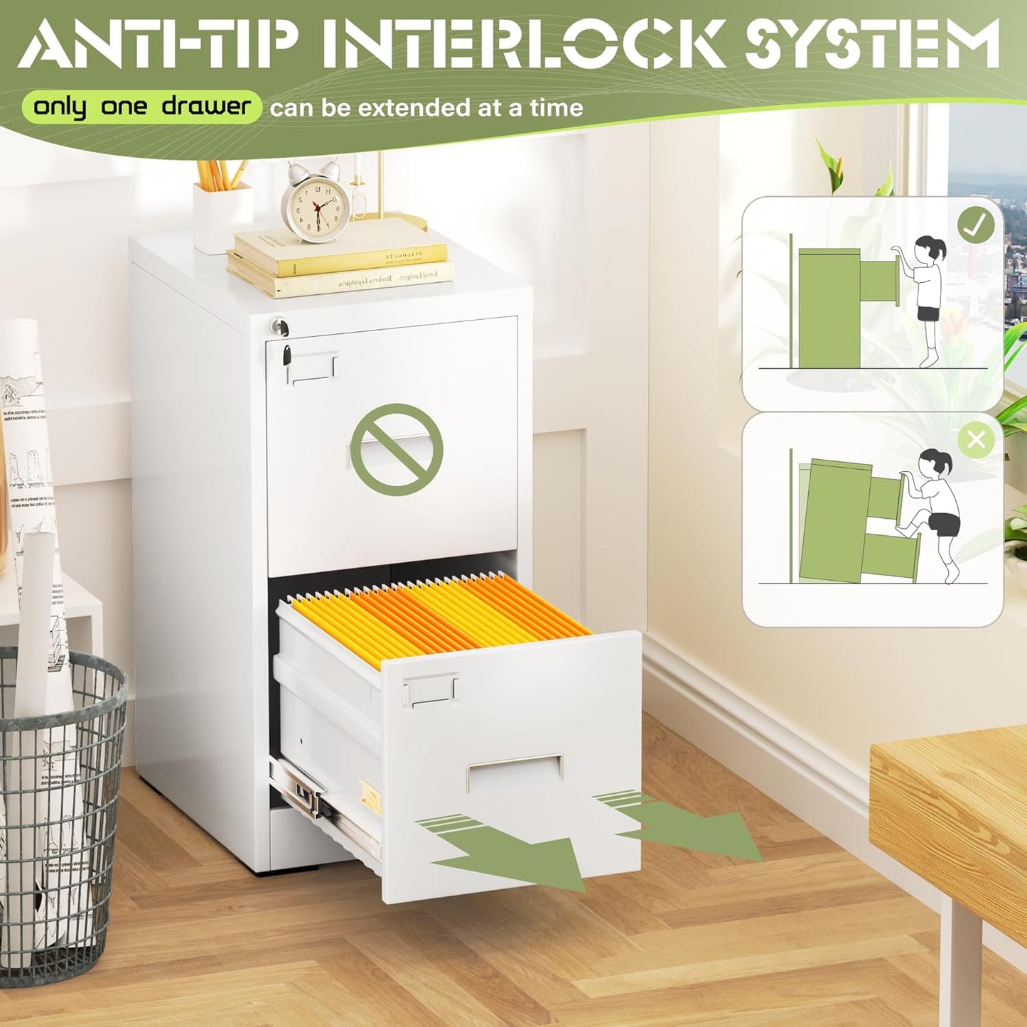 Crownland Lateral File Cabinet with 2 Drawers, 15" W Metal Lockable Office File Cabinets for Home Office- Stores Letter/Legal/A4/F4 Files(White)