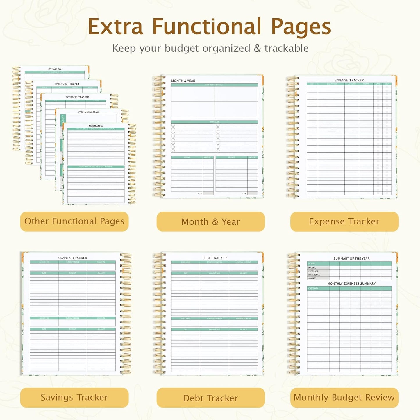 Ospelelf Budget Planner - Monthly Budget Book with Expense Tracker Notebook, Undated 12 Month Bill Organizer & Finance Planner, A4 Account Book with 12 Index Pockets, Zipper Pouch, Stickers Floral 1