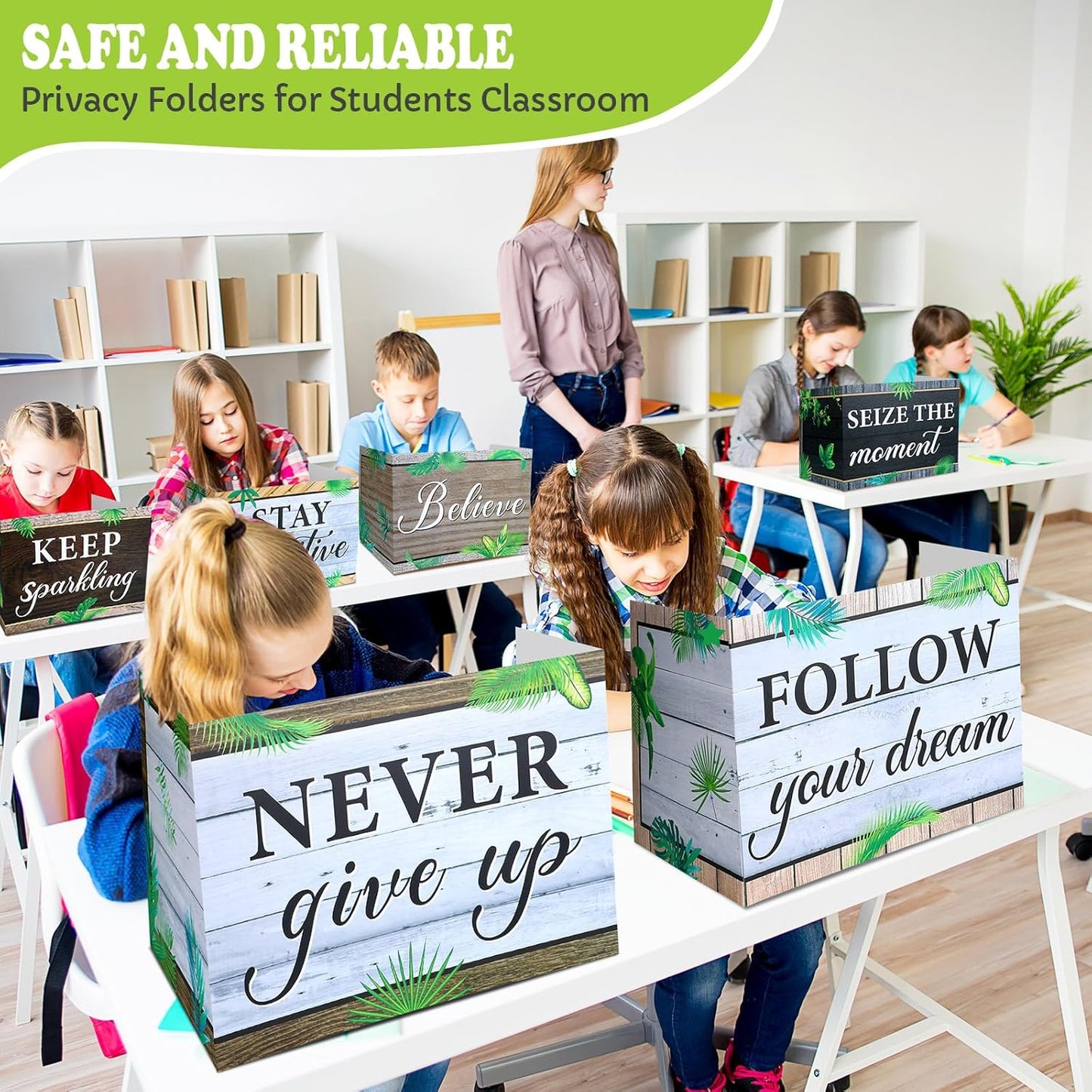 Honoson 24 Pcs Bulk Inspirational Privacy Folders for Students Cardboard Test Privacy Boards Motivational Words Desk Dividers Shield for Classroom School Study Supplies, 6 Styles(Leaves)