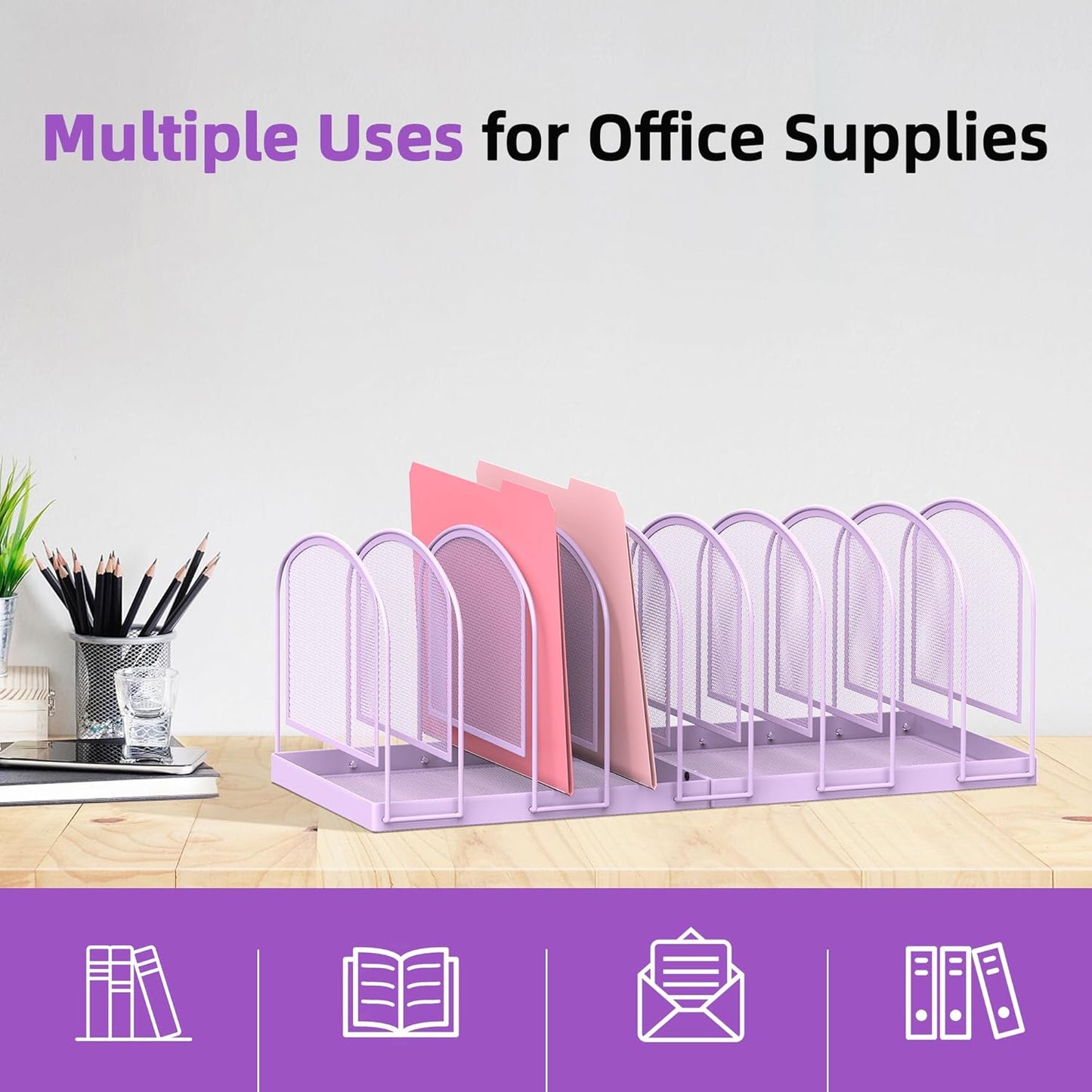 SUPEASY File Organizer 9-Section Mesh Desk Organizer, Upright File Organizer Desktop Organizer File Sorter, File Folder Holder for Office Supplies, Purple