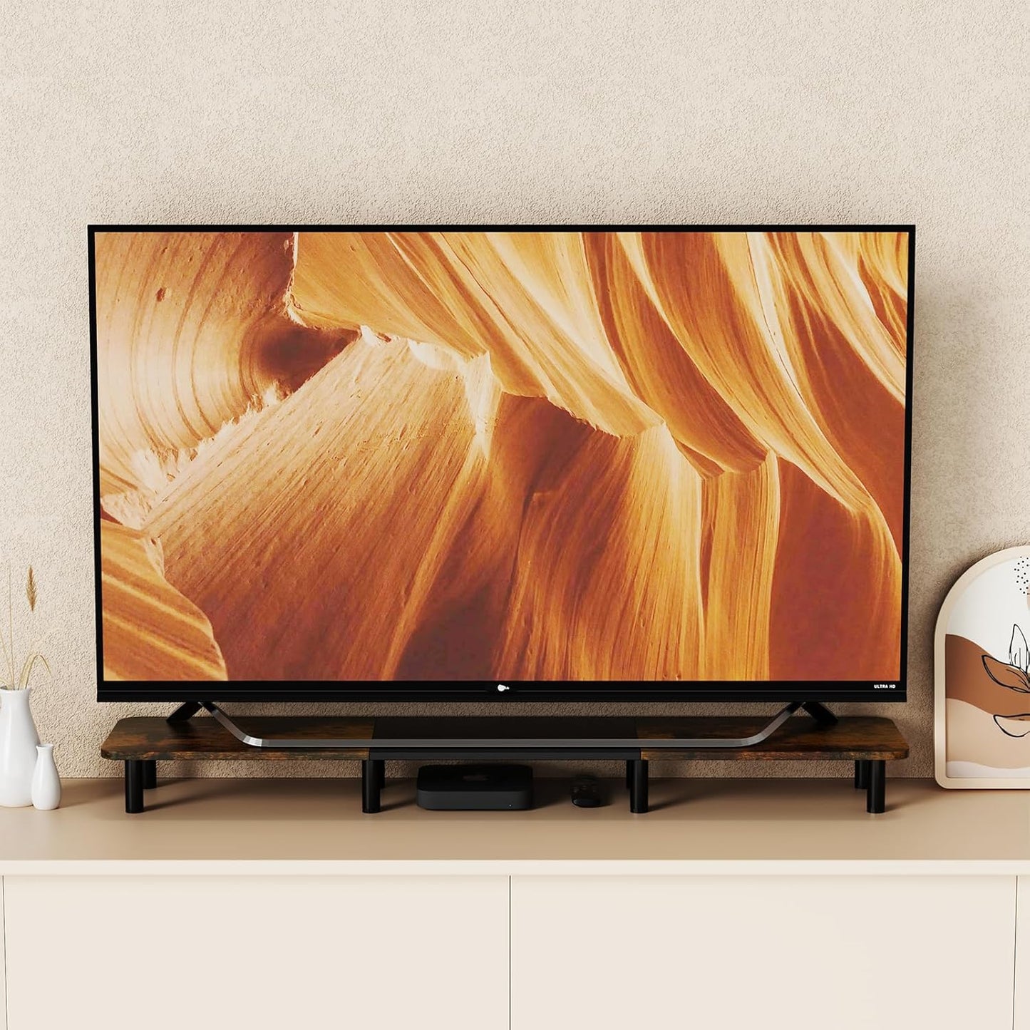 43.7" Extra Long Dual Monitor Stand Riser, Wood & Steel Monitor Stand for 2 Monitors, Wide TV Stand, Desktop Riser for Desk Organization, Home Office、Laptop,Printer,TV (Vintage black)