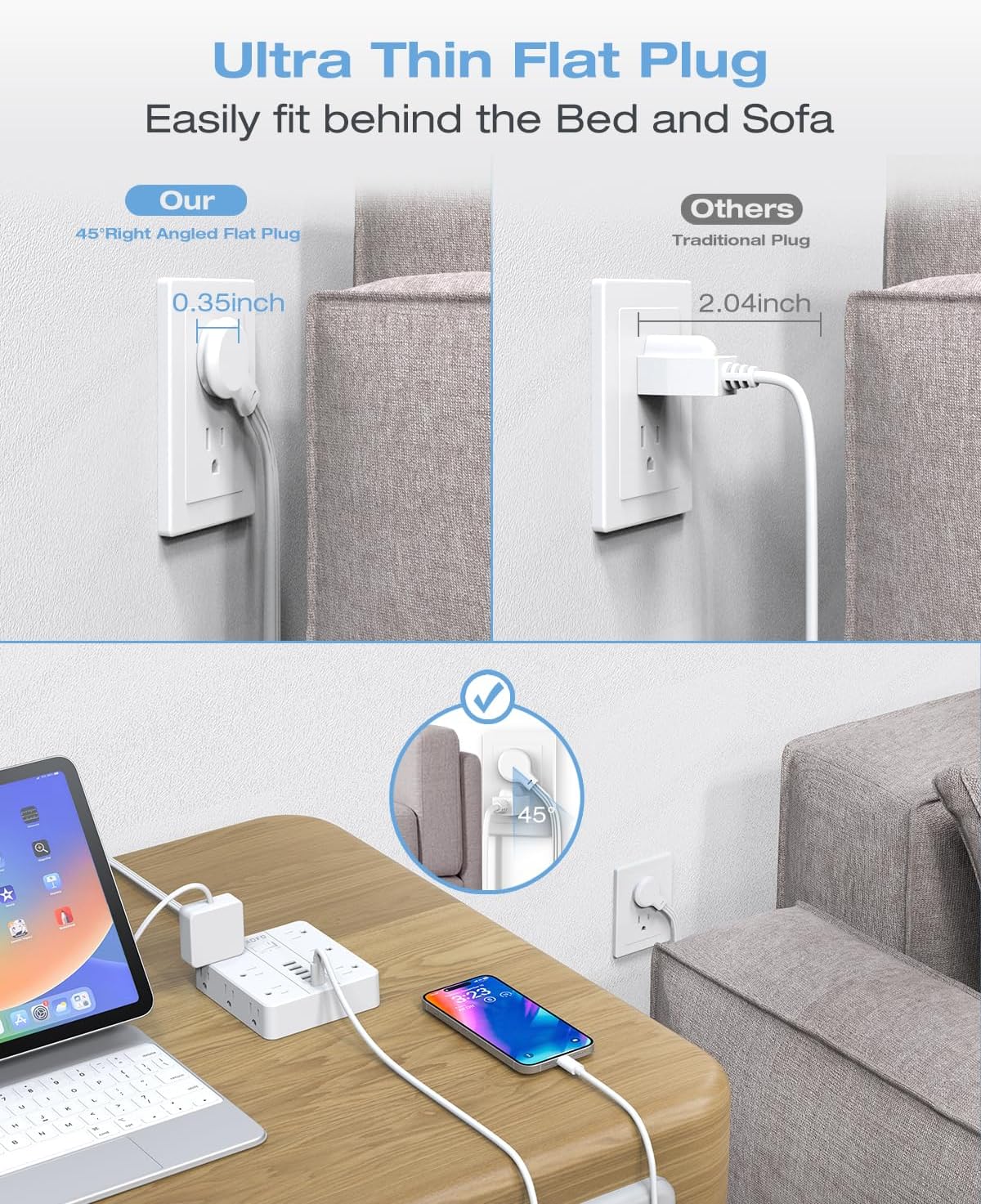 10FT Surge Protector Power Strip,12 AC Outlets with 6 USB Ports (2 USB-C), Flat Plug Extension Cord with Multiple Outlets, Wall Mount for Home Office,Dorm,White