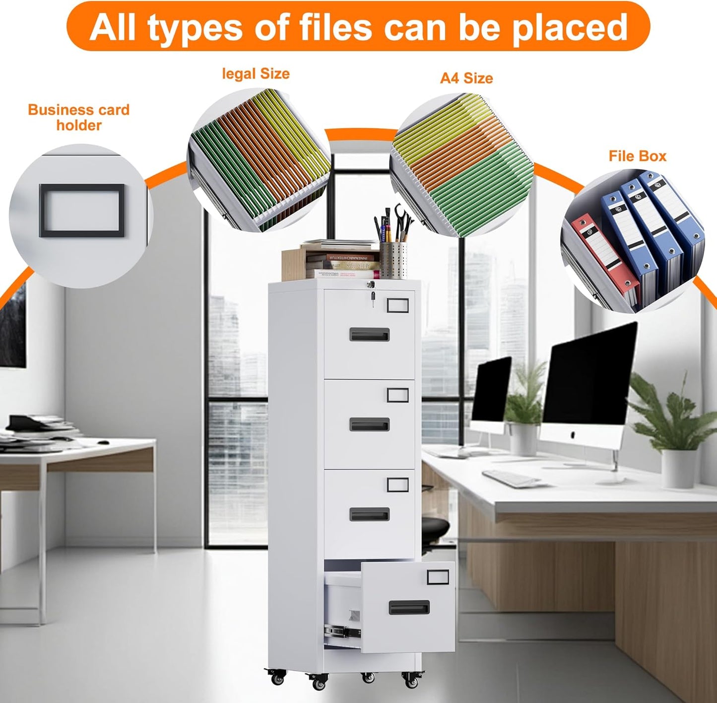 Aobabo 56" H 4 Drawer Moblie Office File Cabinet with Lock, Rolling Metal Filing Storage Cabinet, Legal/Letter A4 Size, White, Assembly Required