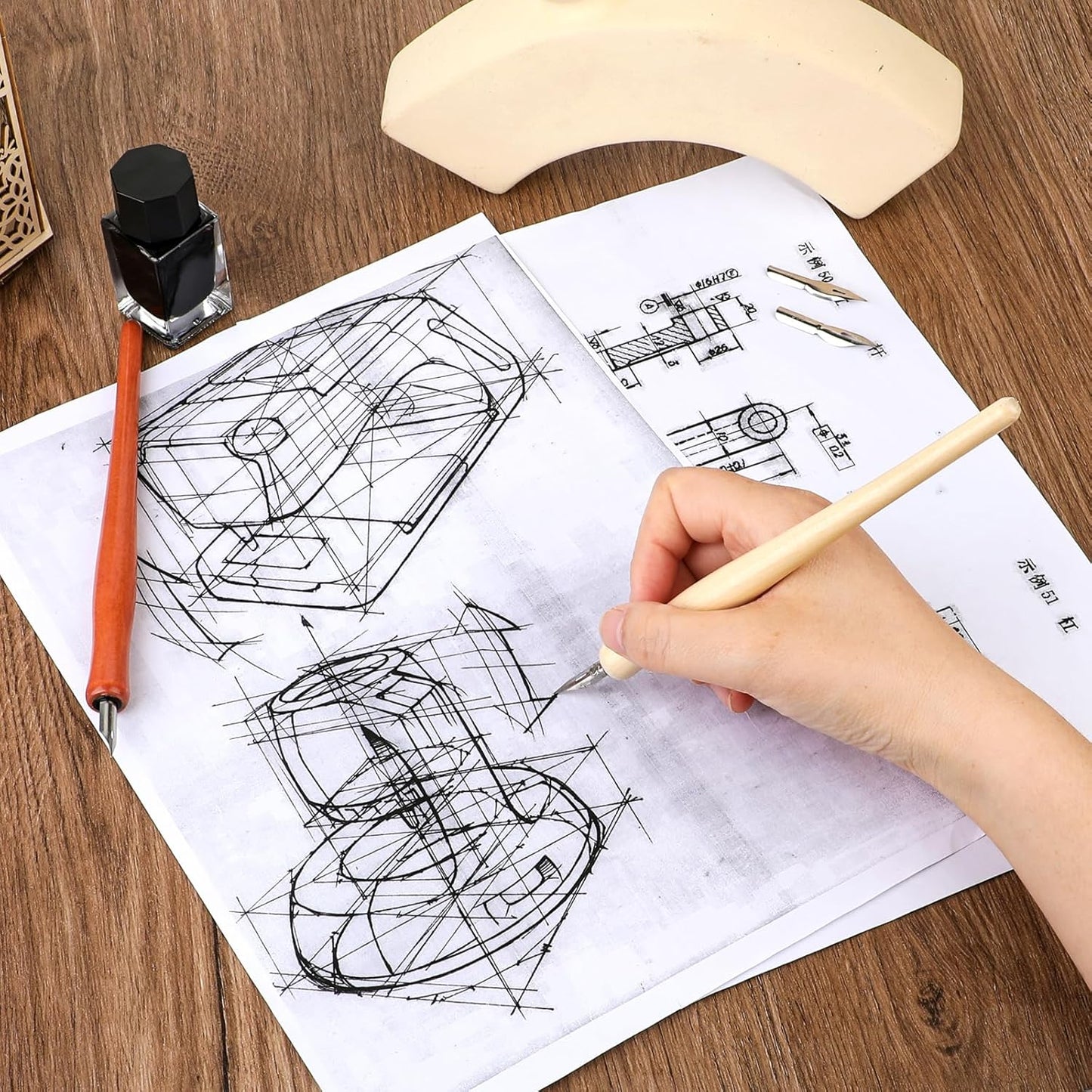 14pcs Oblique Calligraphy Comic Pen Set, 2-in-1 Wooden Pen Holder with 12 Stainless Steel Replacement Nibs for Writing, Signing, Painting, Sketching