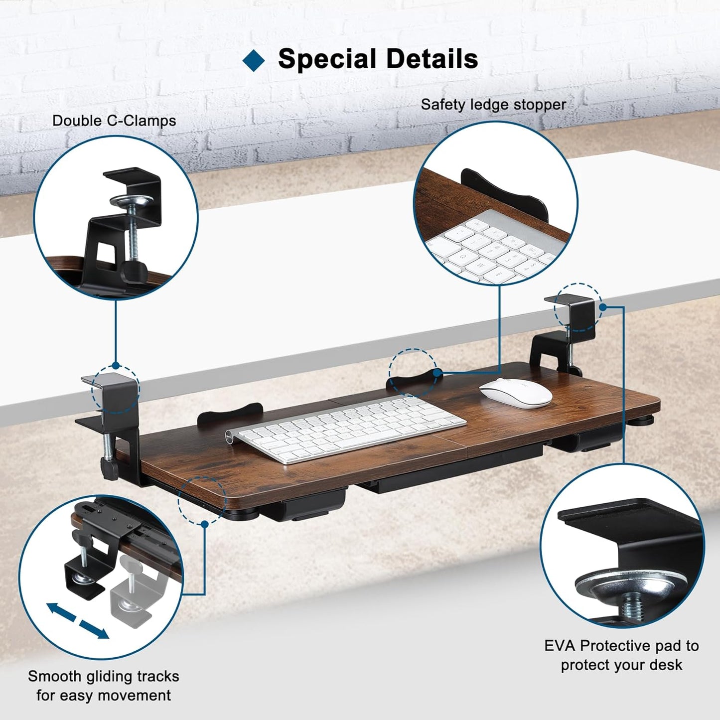 Keyboard Tray Under Desk with Drawer,26.77" X 11.81"Large Size Keyboard Tray with C Clamp-on Mount, Easy to Install, for Home Office (Mahogany)